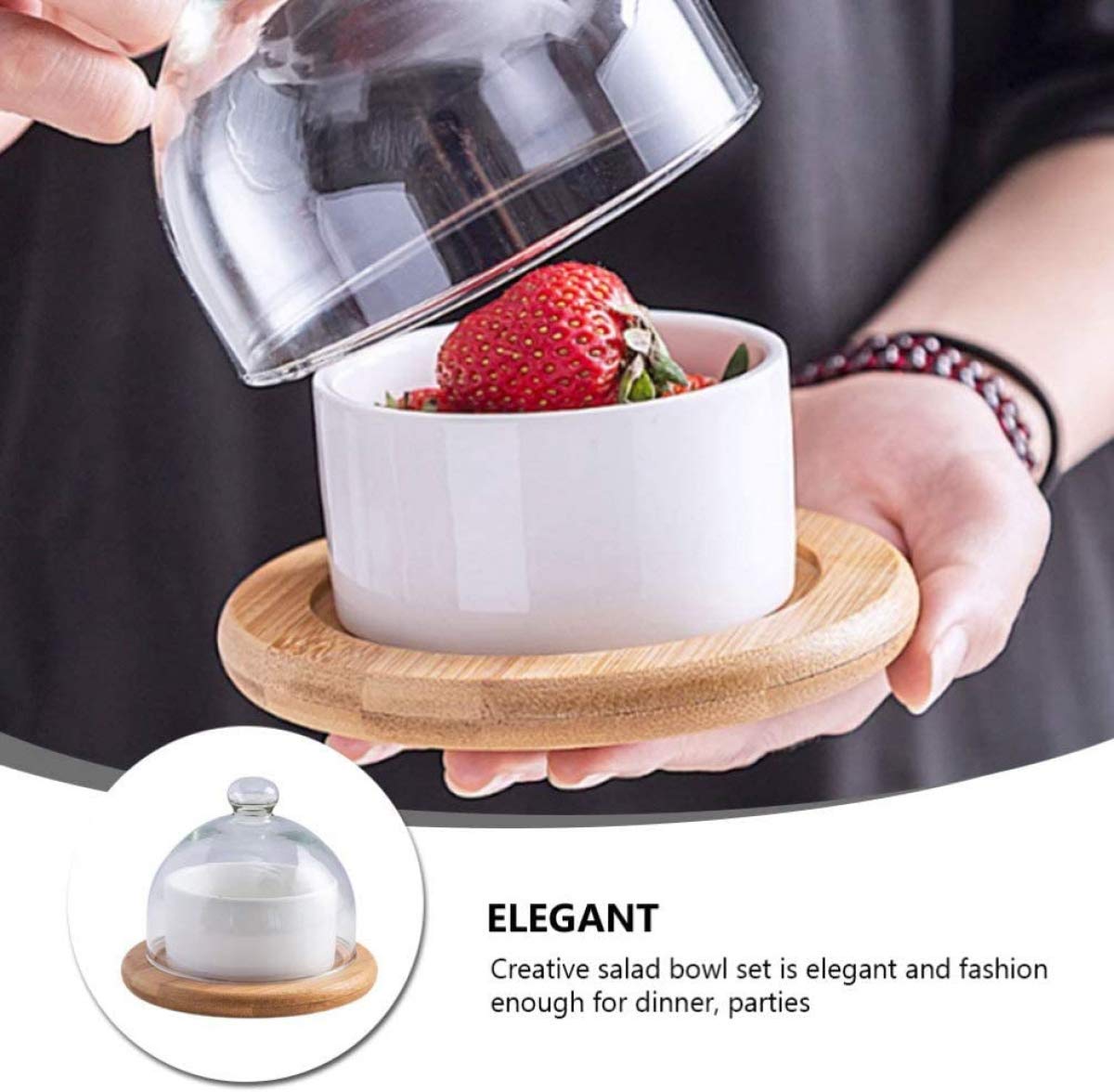 Ceramic Snack Serving Tray with Glass Dome Lid & Wooden Coaster - Elegant Dip Bowls for Nuts, Candies, Starters, Sauces - Perfect for Parties, Entertaining & Home Decor