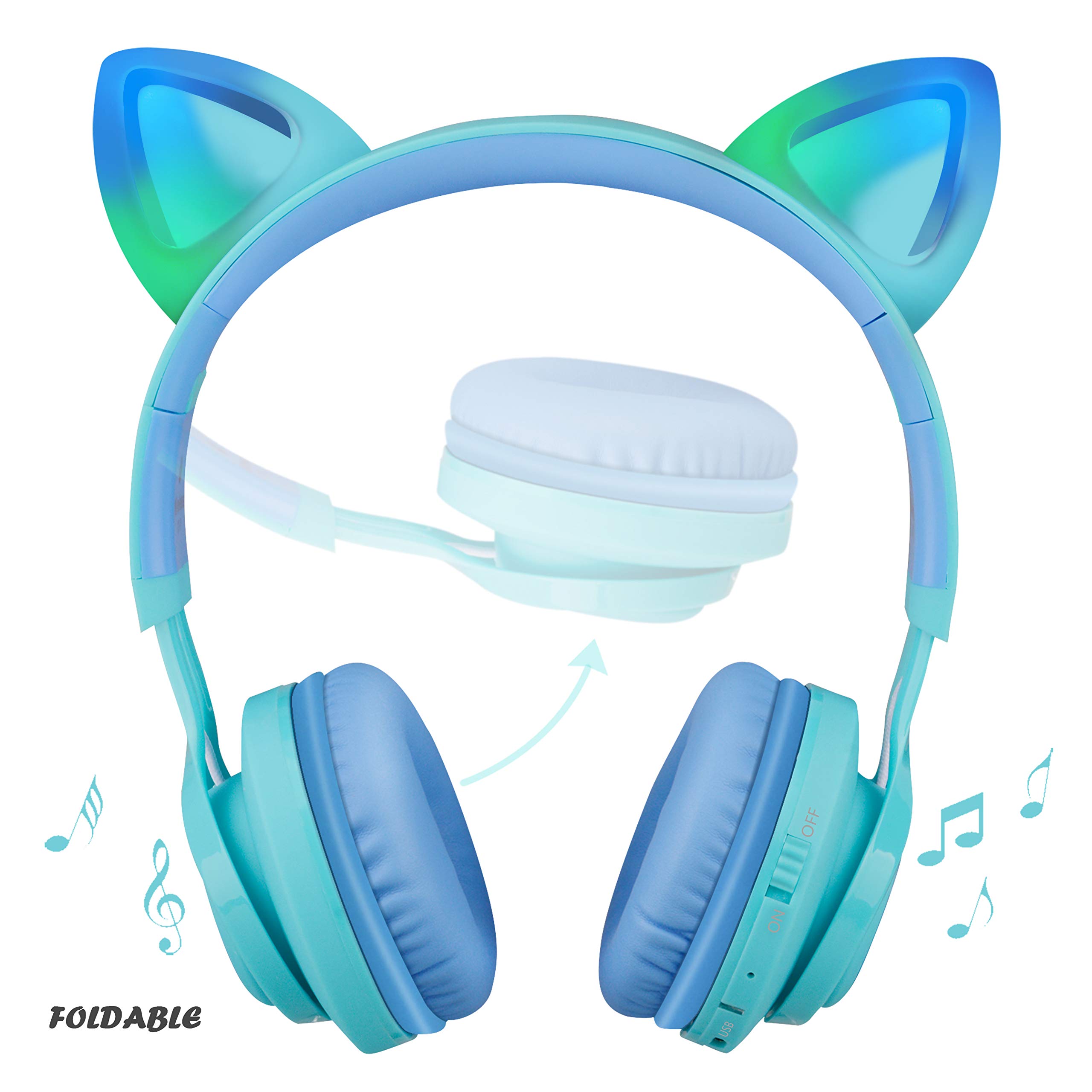 Riwbox CT-7S Kids Bluetooth Headphones with Cat Ears - 85dB Volume Limiting, LED Lights, Built-in Mic - Wireless Over-Ear Headphones for Children (Blue & Green) - Perfect for Online Learning, Gaming, Watching TV with Laptop/PC/Tablet