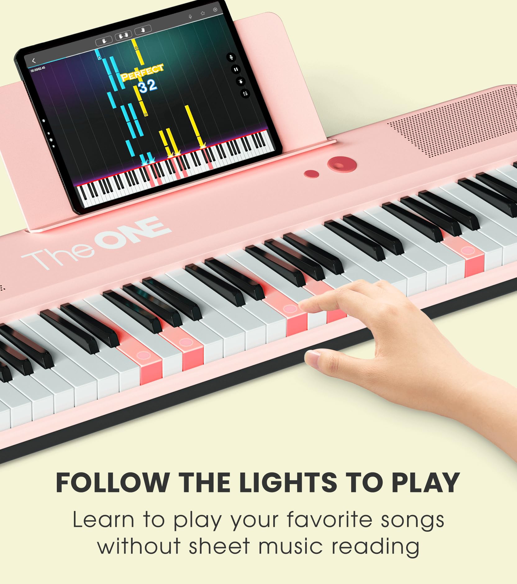 The ONE Smart Keyboard COLOR 61-Key Lighted Digital Piano with 256 Tones & 64 Polyphony - Beginner Piano Keyboard with Built-in LED Lights, Free Apps & Stand (Pink) - Perfect for Home Learning, Music Practice & Gift Giving