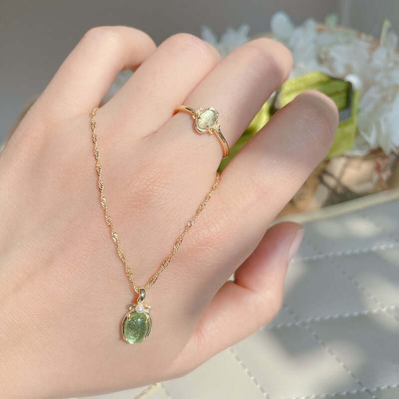 Natural Green Fluorite Gemstone Ring & Necklace Set | Healing Crystal Jewelry for Meditation & Energy Balance | GZ344