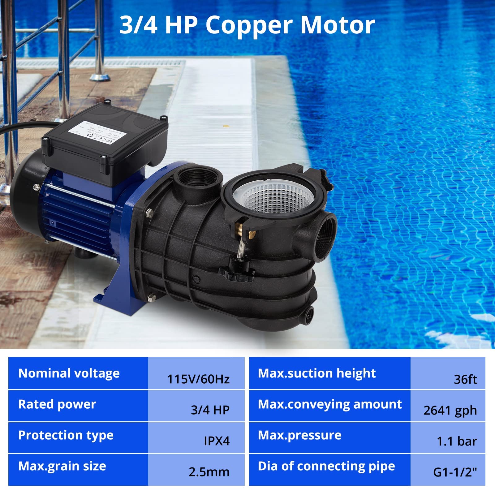 0.75HP In-Ground & Above Ground Pool Pump - 550W 115V High Flow Swimming Pool Pump with 2641GPH & Self-Priming - Quiet Single Speed Pool Pump with Filter Basket for Clean Water - Perfect for Backyard Pools, Spas & Water Features