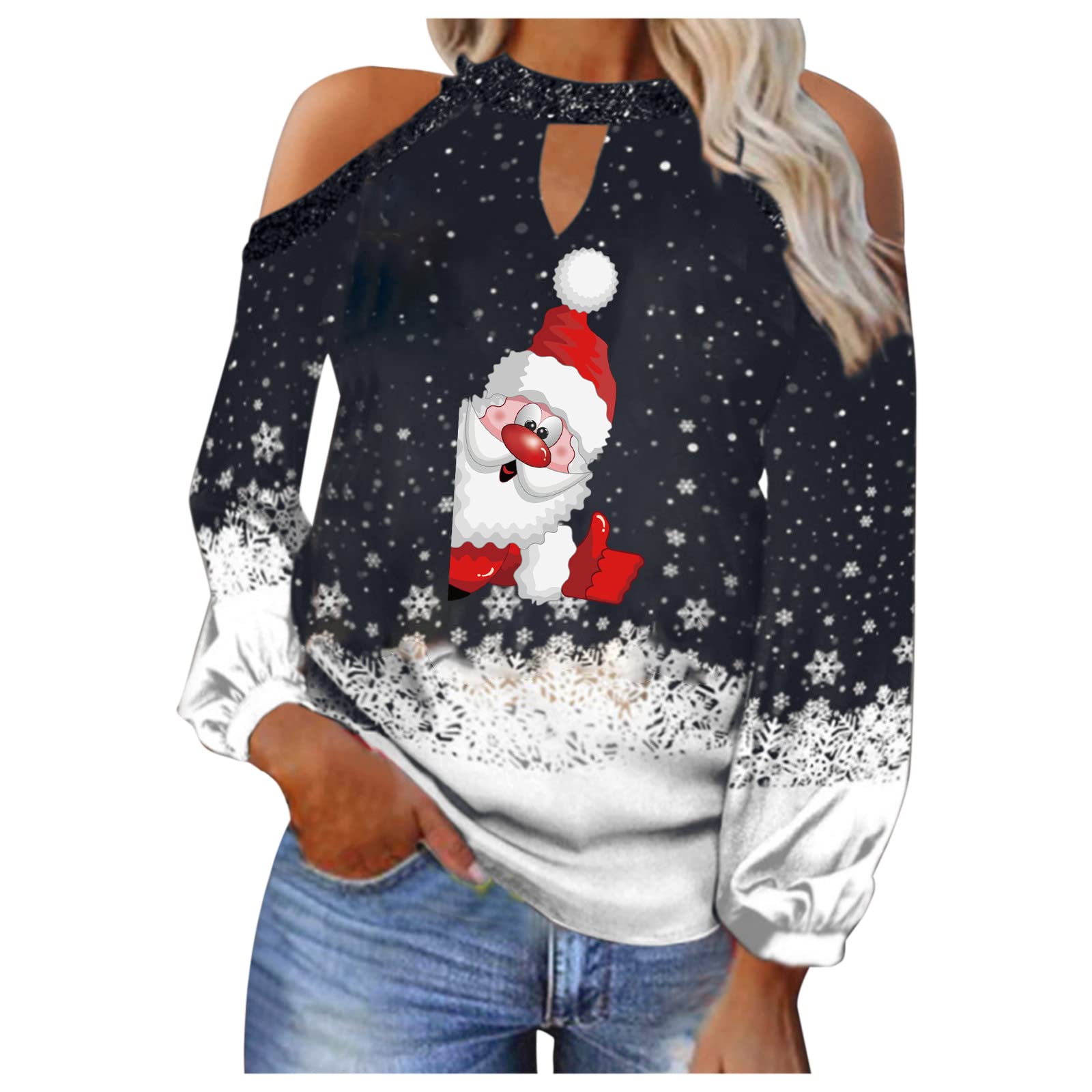 Women's Christmas Graphic Print Tops - Sexy Cold Shoulder Long Sleeve Loose T-Shirt Blouse for Holiday Parties & Festive Gatherings