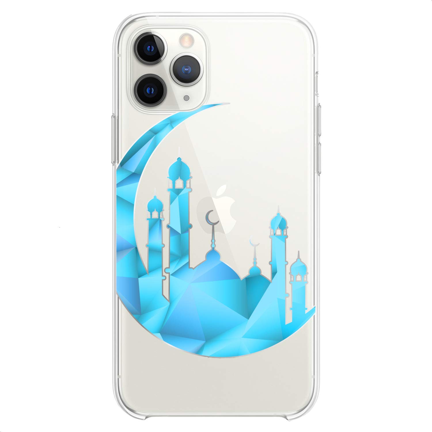 Premium Flexible TPU Phone Case for iPhone 16/15/14/13/12/11 Pro Max/Plus/Mini/XS/XR/X/8/7/6/5/SE - Blue Watercolor Moon Mosque Design Slim Clear Protective Cover - Perfect for Muslim Faith, Daily Use & Gift Giving