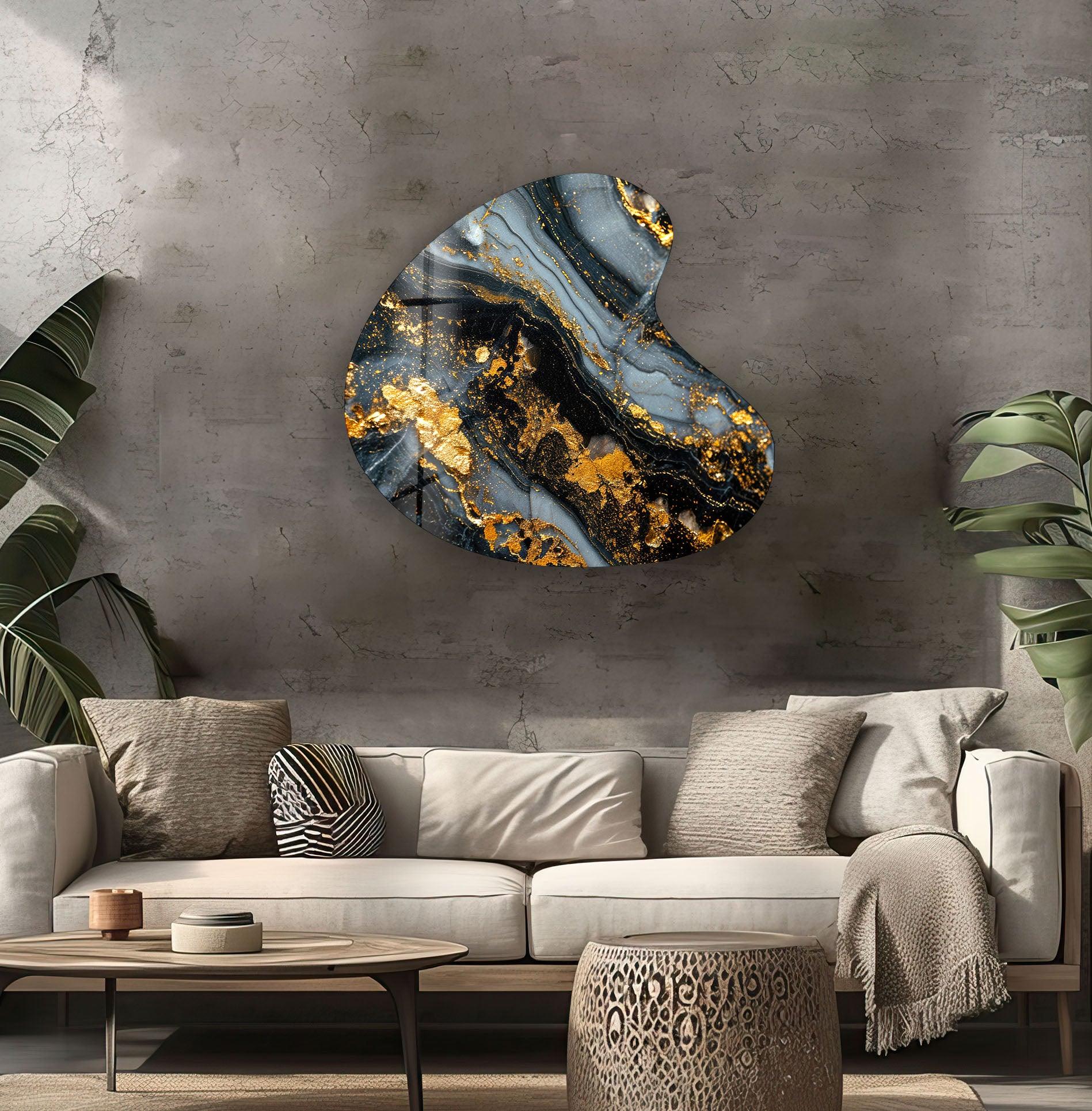 Black Marble Style Irregular Glass Wall Art - Modern Abstract Home Decor for Living Room, Bedroom & Office - Unique Handmade Glass Artwork for Wall Decoration