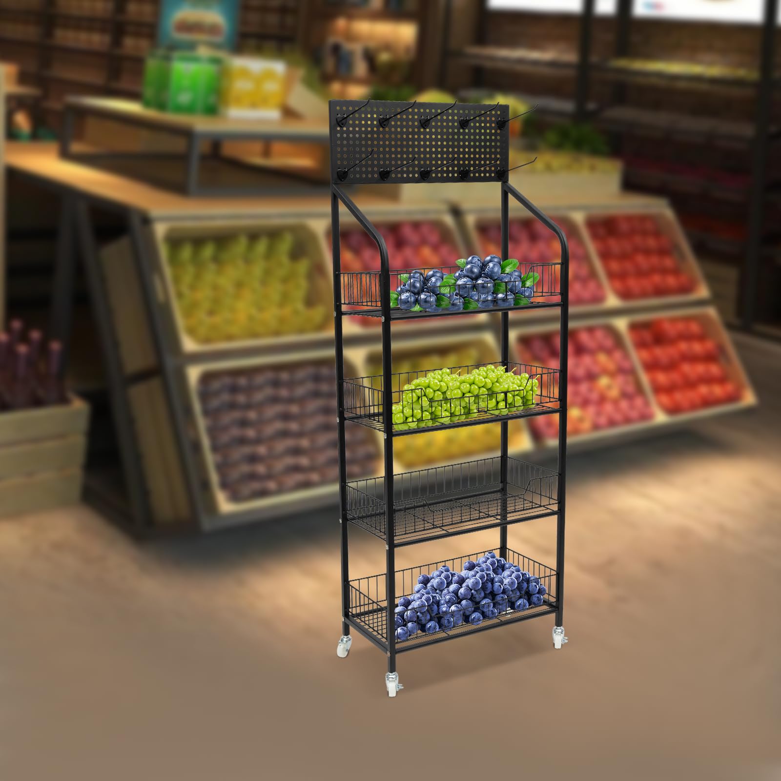 4 Tier Heavy Duty Snack Rack Organizer - Freestanding Mobile Utility Cart with 10 Hooks - 22 lbs Capacity per Tier (19.6x10.6x55 Inches, Black) - Perfect for Kitchen, Garage, Market, Bar & Retail Display Organization