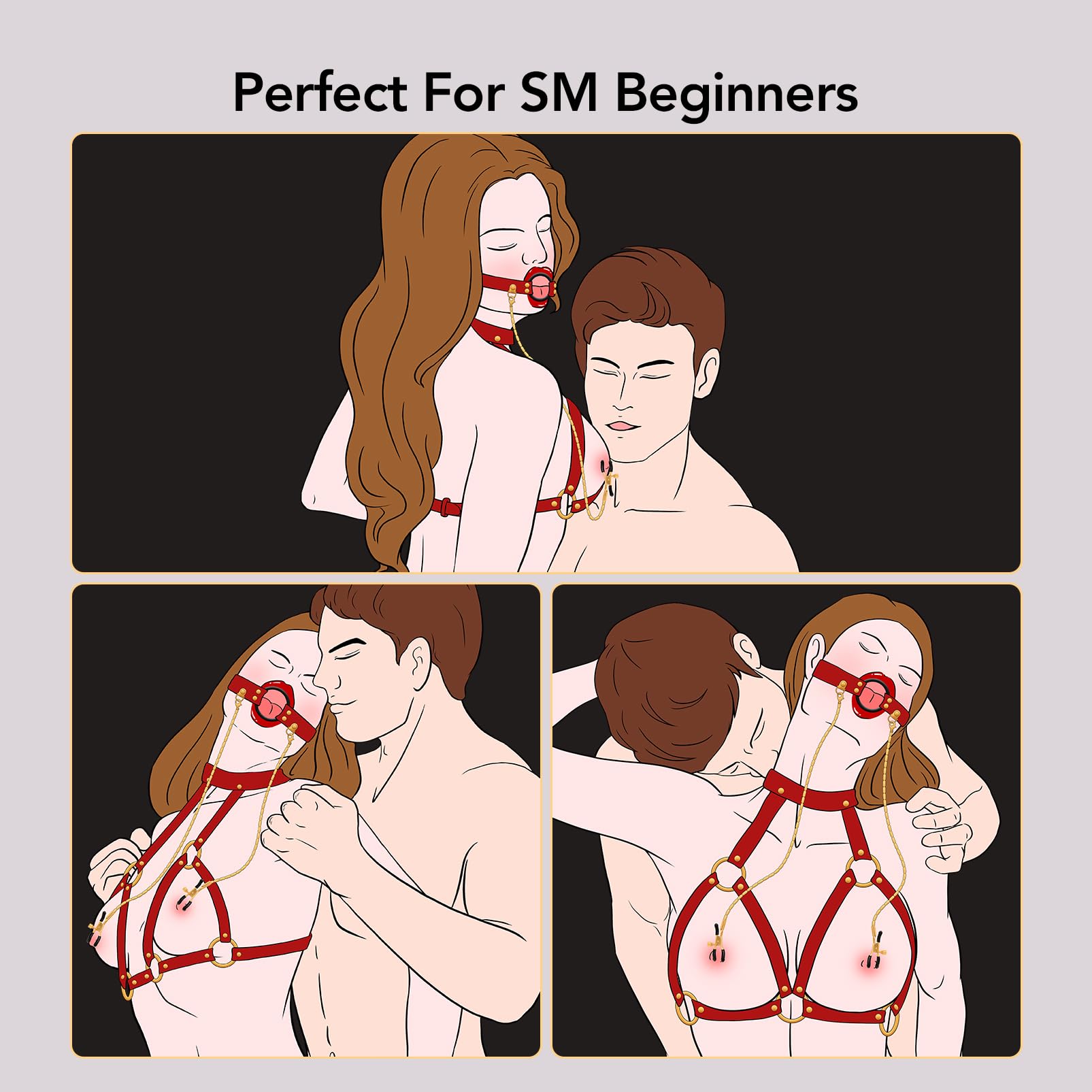UTIMI Adjustable BDSM Bondage Restraints Set - 4-in-1 Adult Sex Toys for Couples (Chest Harness, Nipple Clamps, Neck Collar & Open Mouth Gag) | Premium Red Bondage Gear for Spicy Roleplay & Bedroom Games | Perfect for BDSM Lovers & Kinky Couples