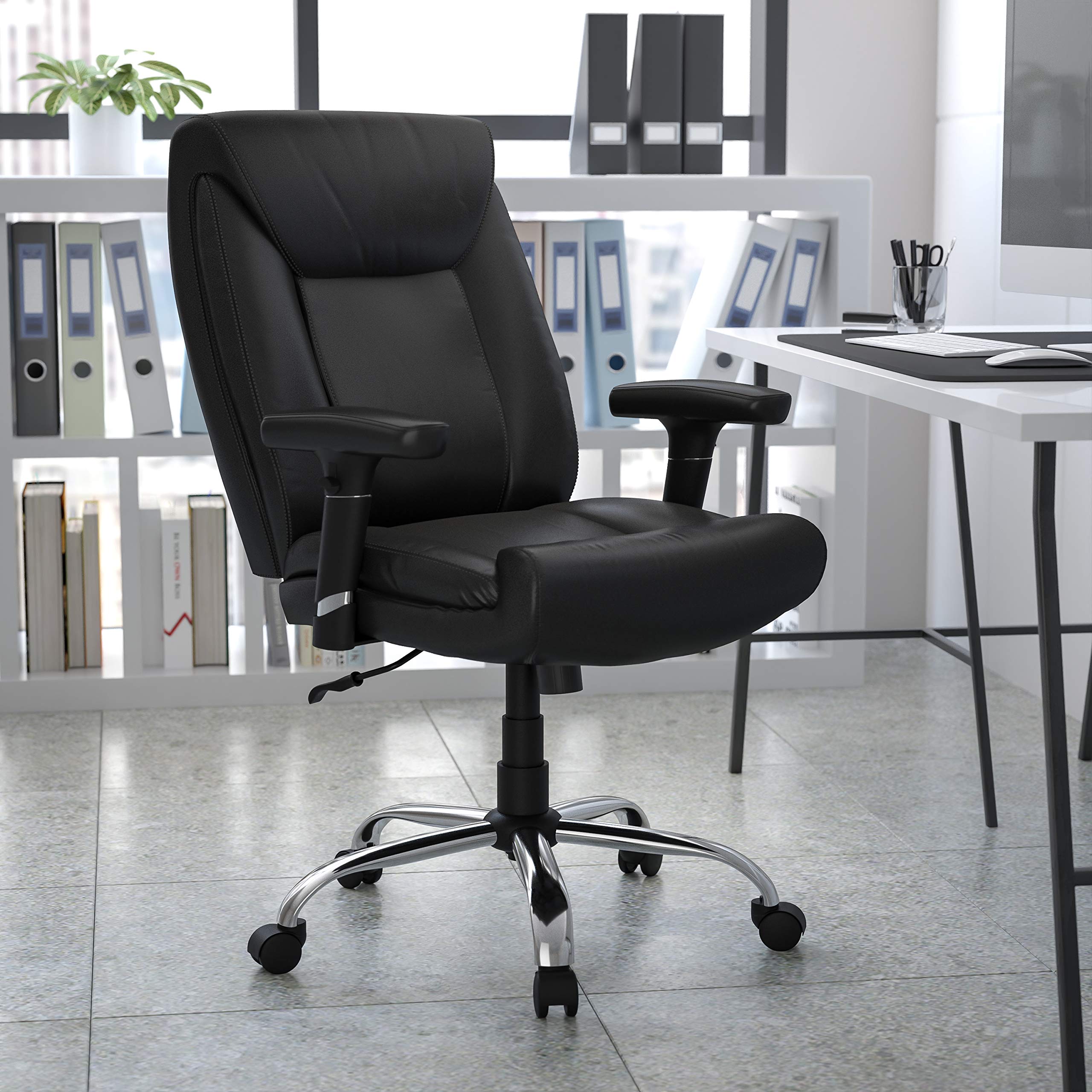 400 lb. Heavy Duty Big & Tall Mid-Back Black Tufted LeatherSoft Ergonomic Office Chair with Lumbar Support - Perfect for Home Office, Gaming & Executive Workspaces