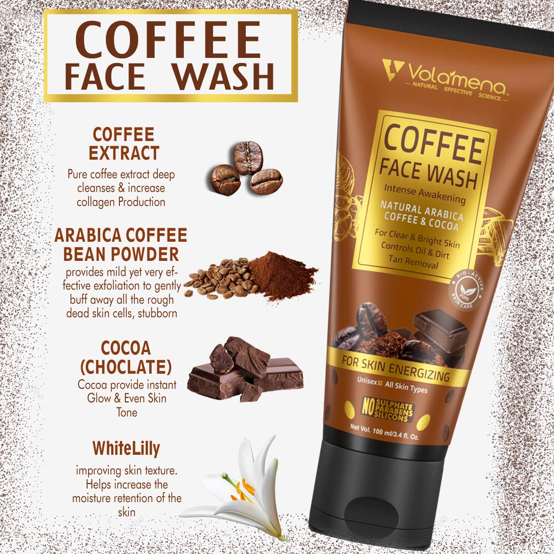 Volamena Natural Arabica Coffee & Cocoa Face Wash - Energizing Skin Cleanser 100ml for Glowing Skin - Perfect for Morning Routine & Revitalizing Tired Skin