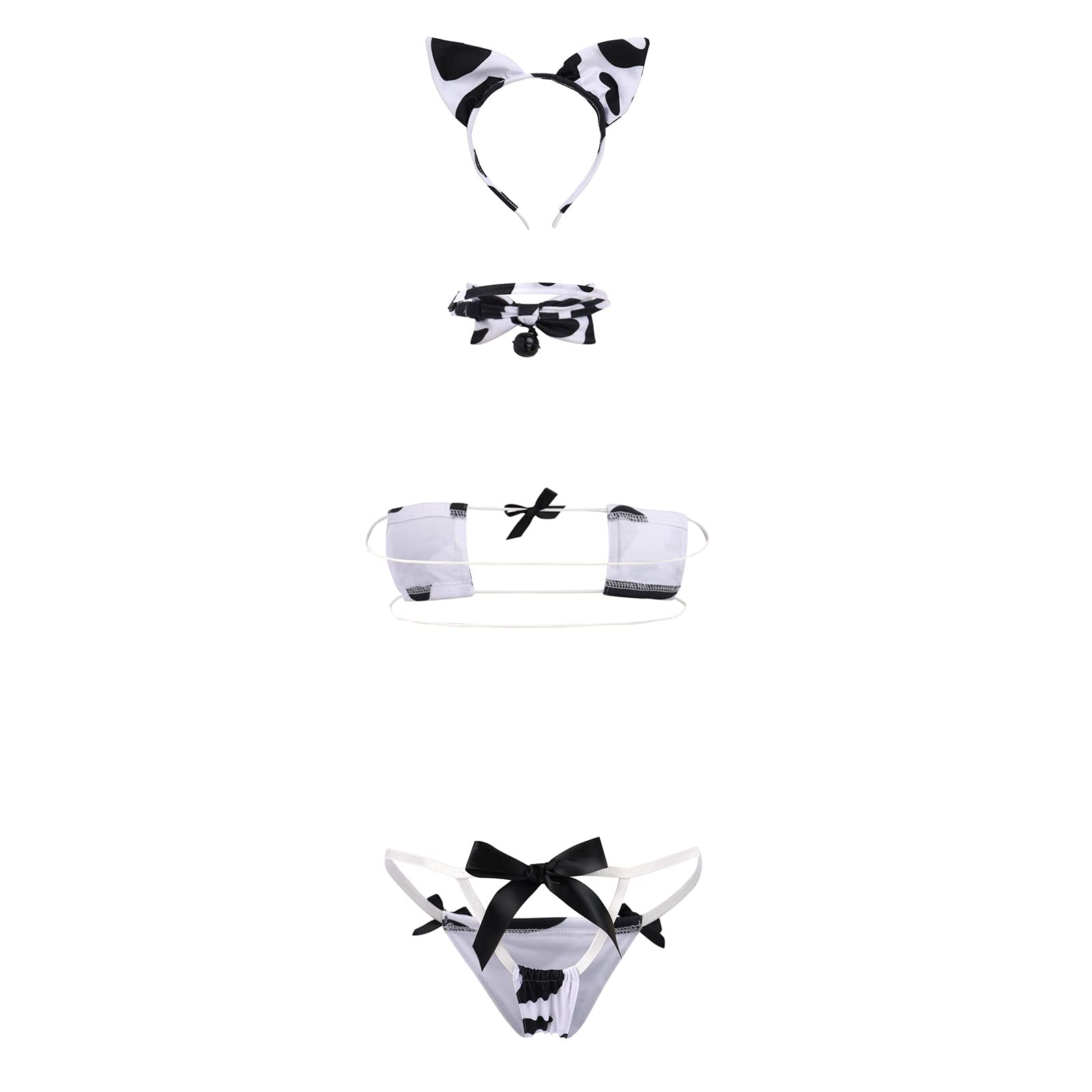 IMEKIS Women's Sexy Anime Cow Maid Costume Set - Lolita Japanese Cosplay Teddy Lingerie with Mini Bikini Bra & Kawaii Underwear Outfit for Halloween, Cosplay Parties & Roleplay