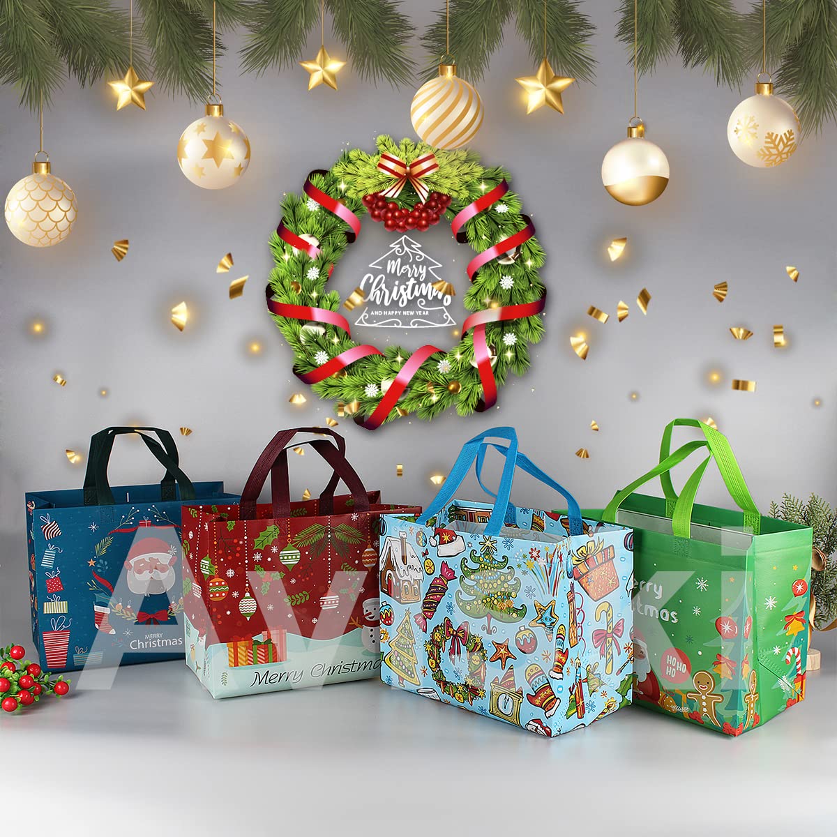 8PCS Christmas Gift Bags with Handles - Festive Holiday Tote Bags for Gift Wrapping, Treats & Shopping - Durable Non-Woven Xmas Party Supplies for Home, Office & School Celebrations