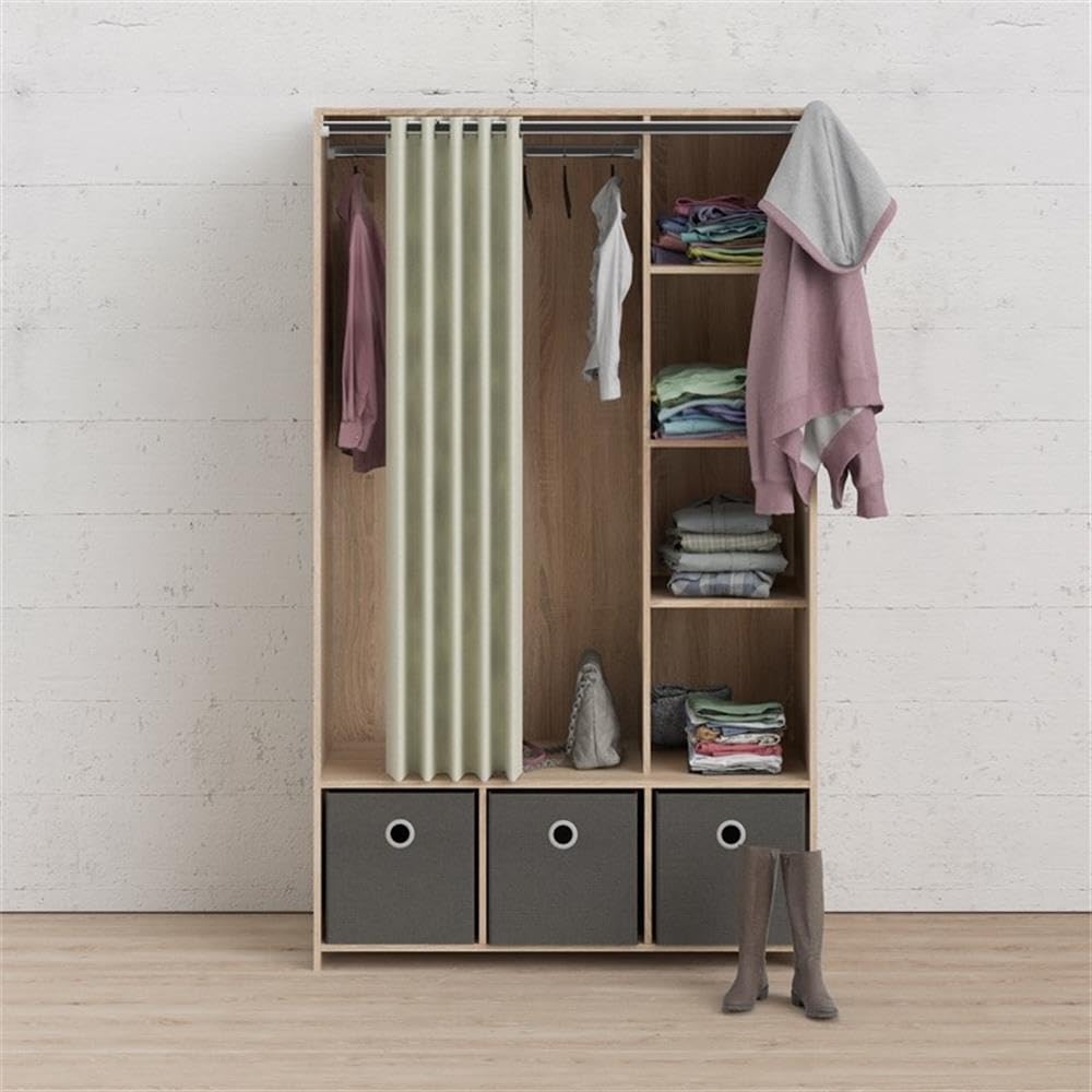 Tvilum Lola 3 Bin Curtain Storage Organizer - Oak Wood Frame with Natural & Gray Fabric Bins - Perfect for Bedroom Closet, Kids Room, or Bathroom Storage