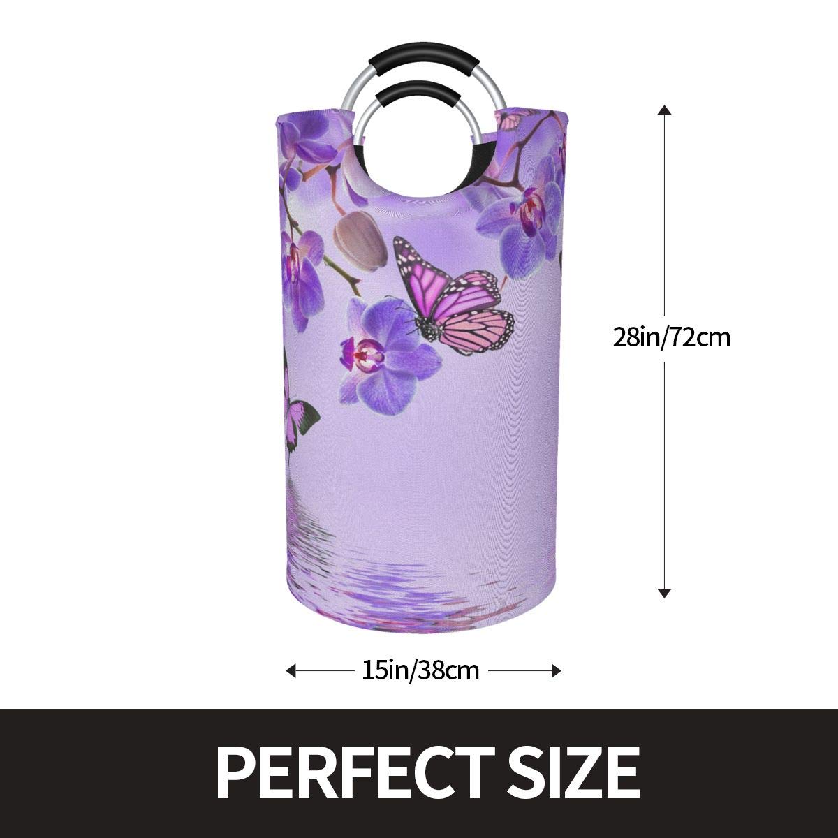 Dujiea 82L X-Large Collapsible Laundry Hamper with Aluminum Handles - Purple Butterfly Design, Tall Round Clothes Storage Basket for Kids, Dorm Room, Bedroom & Bathroom Organization