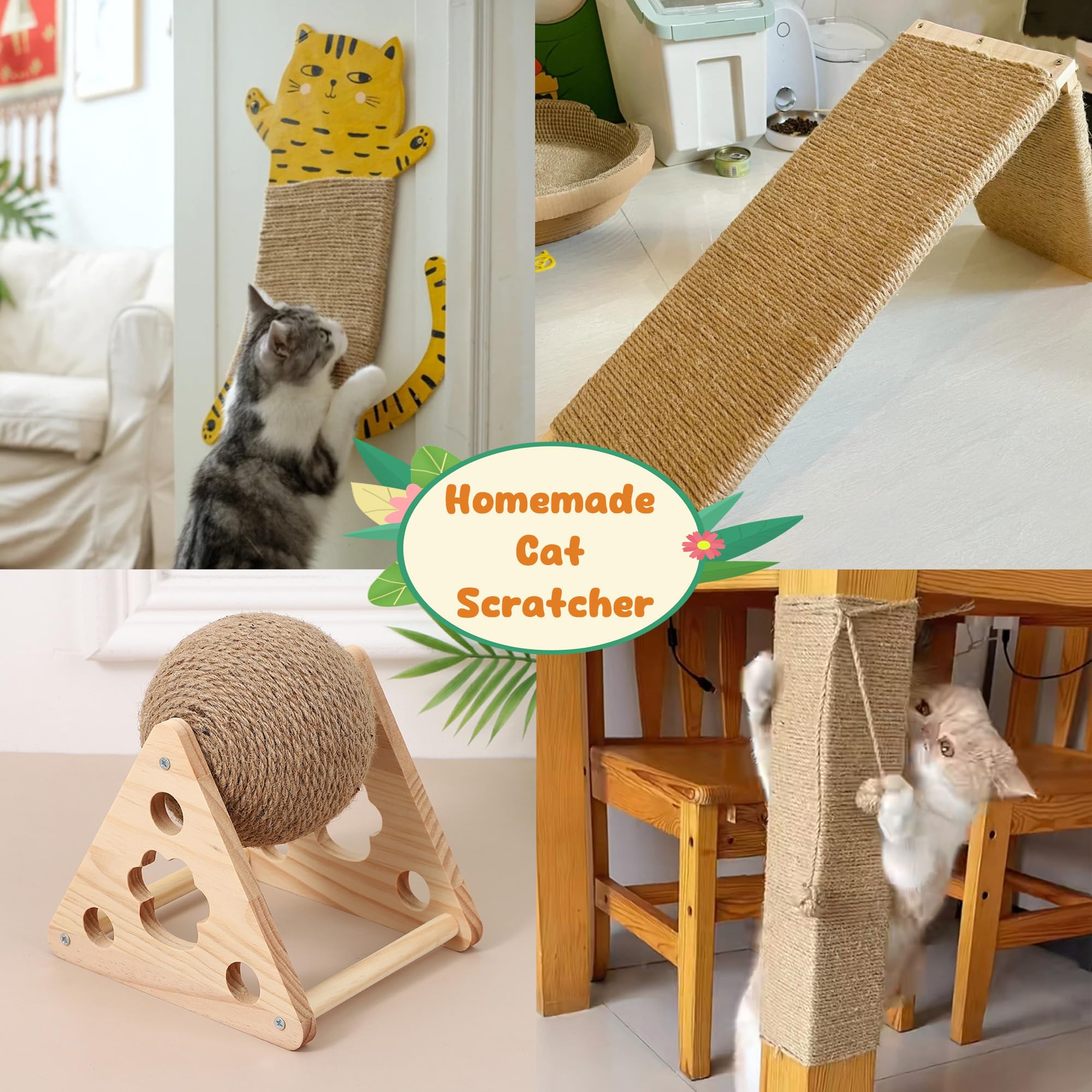Natural 6mm Thick 164FT/50M Sisal Rope for Cat Scratcher & Scratch Post Repair - Durable Jute Rope for DIY Cat Tree Tower, Scratching Post & Cat Furniture - Perfect for Indoor Cat Play & Scratching Needs