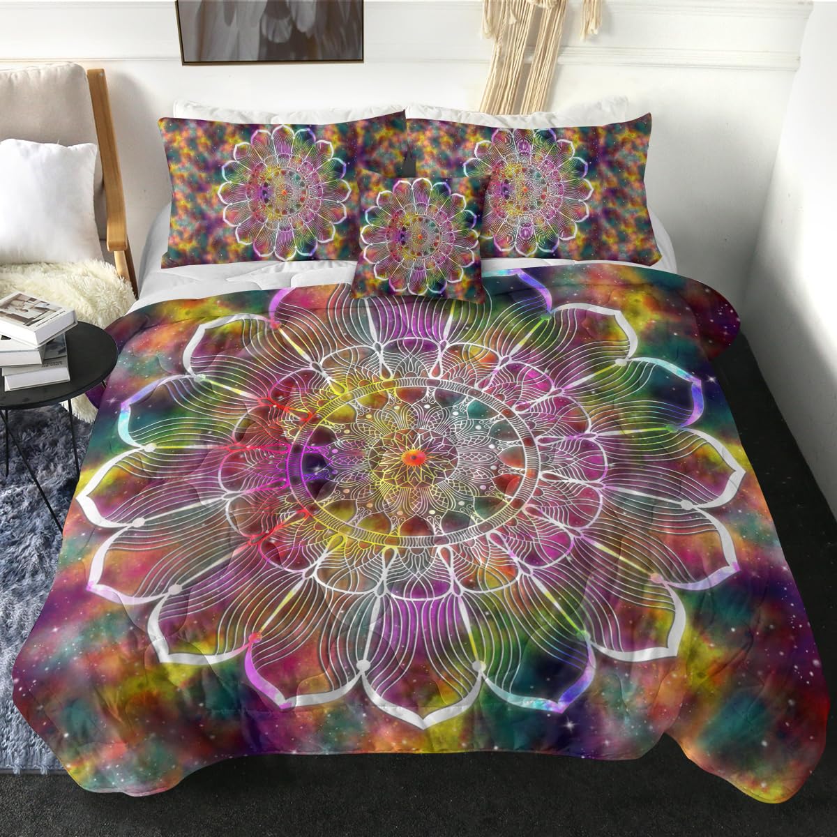 Boho Abstract Mandala Queen Comforter Set - Lightweight Bohemian Galaxy Quilt with Sparkle Stars, Psychedelic Bedspread (Purple) - Perfect for Bohemian & Hippie Bedroom Decor, Dorm Room, or Guest Room