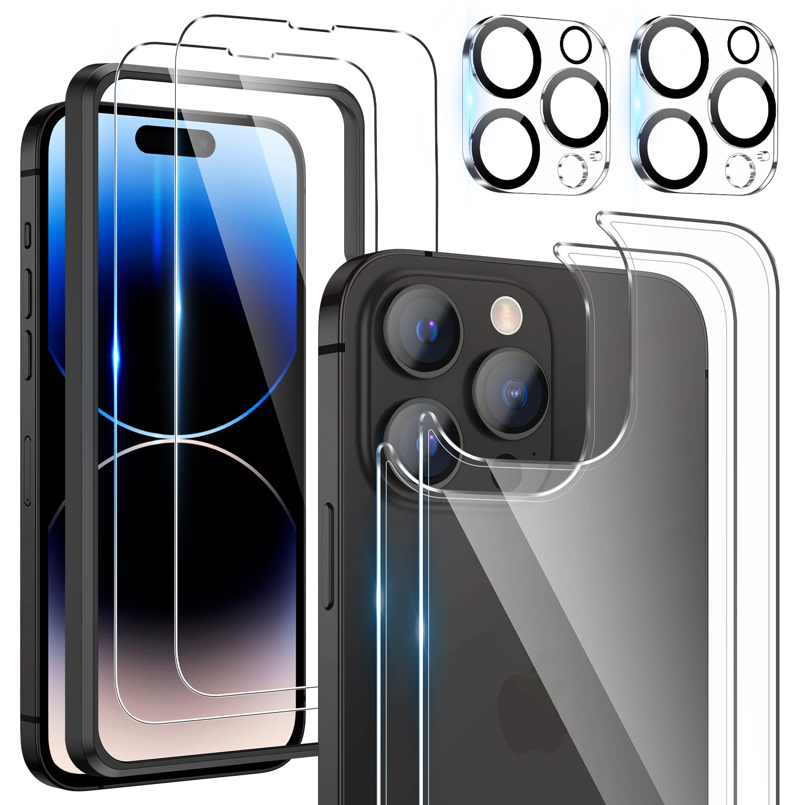 Maxdara [6 in 1] iPhone 14 Pro Screen Protector Kit (6.1 Inch) - 2 Pack Tempered Glass Back Protector + 2 Pack Camera Lens Protector + Front Screen Protector | 9H Hardness, Ultra HD, Anti-Scratch | Perfect for Daily Use, Travel & Outdoor Activities
