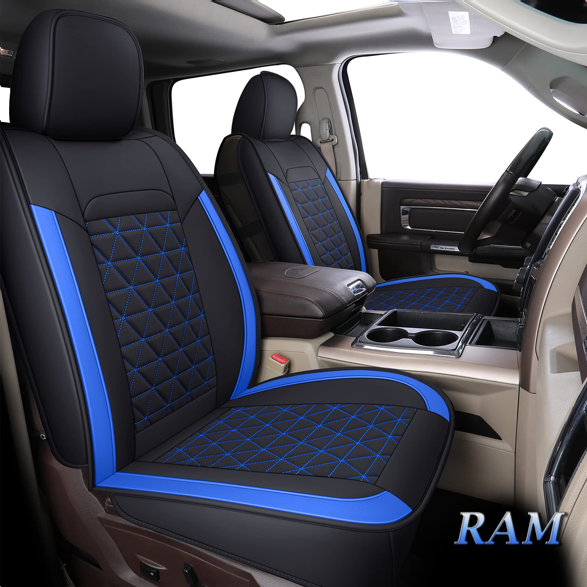 Premium Leather Seat Covers for Dodge RAM 1500/2500/3500 (2002-2025) | Custom Fit RAM Truck Seat Covers Full Set | Crew & Quad Cab Compatible | Blue PU Leather Protection | Perfect for Work Trucks & Off-Road Adventures