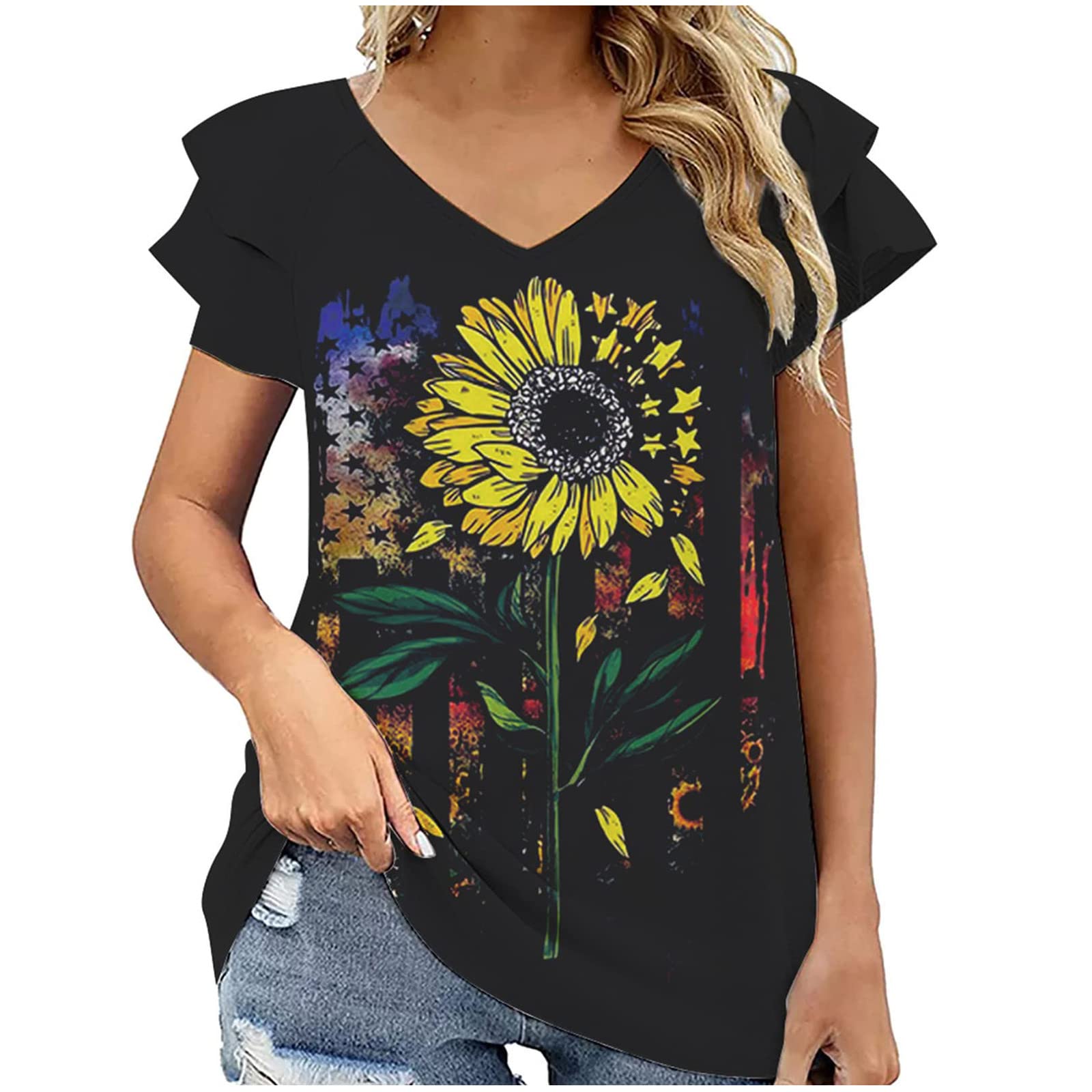 Women's Summer Tops - Ruffle Short Sleeve V-Neck Printed T-Shirts | Casual Trendy Cute Blouse | Loose Fit for Comfort | Perfect for Beach, Vacation & Everyday Wear