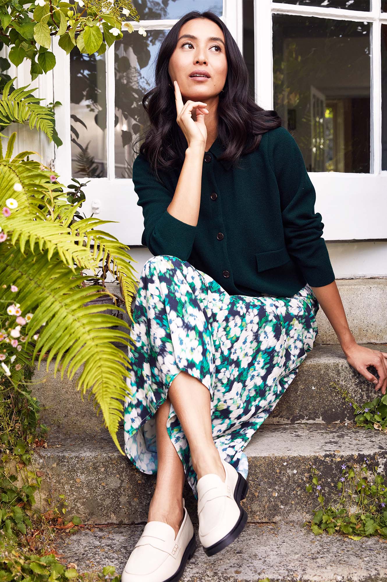 Elodie Skirt - Floral Print Midi Skirt in Navy, Cream & Green | Boho Chic Summer Dress for Women | Perfect for Beach Vacations, Date Nights & Casual Outings