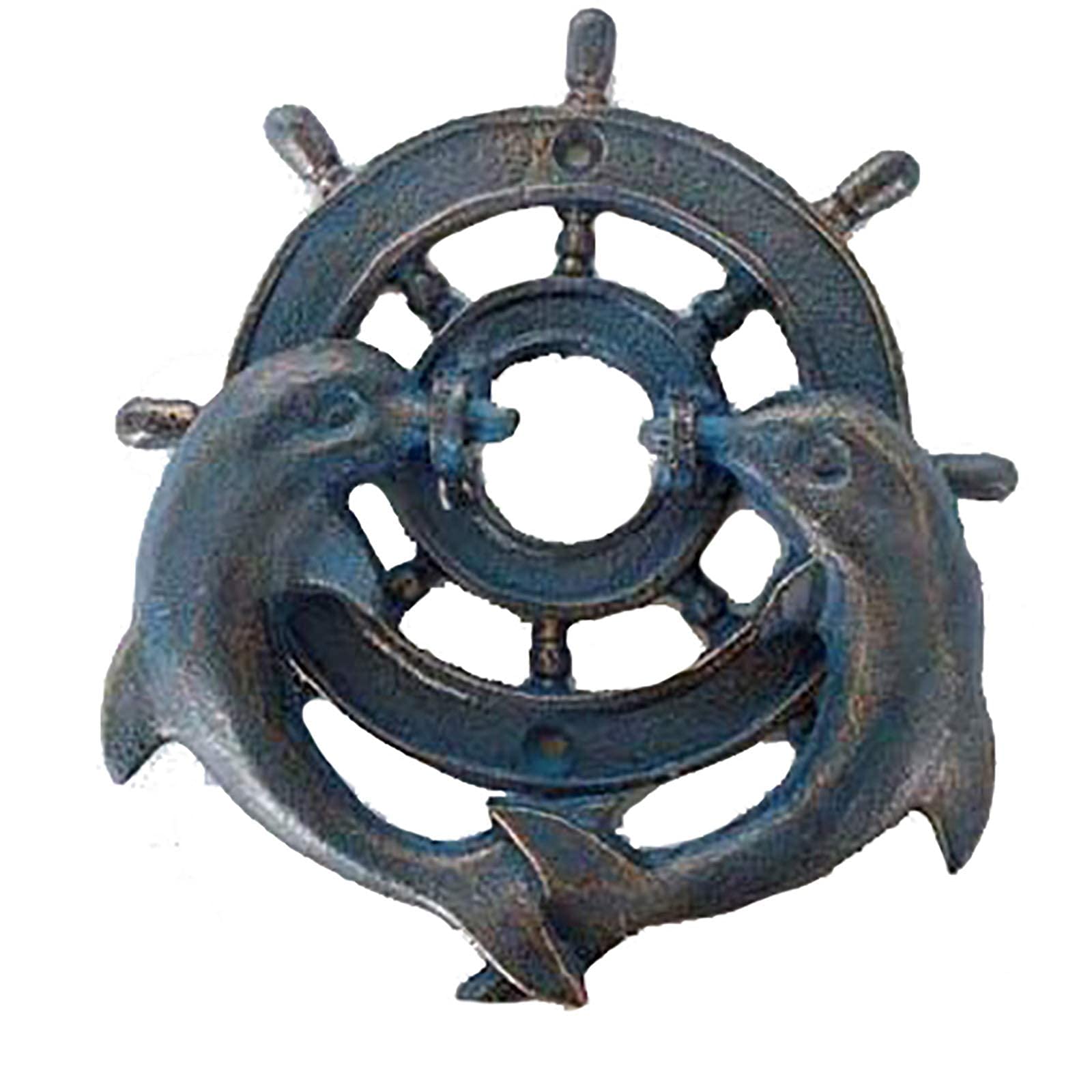 HAOJON Blue & Gold Double Dolphin Ship Wheel Cast Iron Door Knocker - Vintage Style Small Front Door Hardware for Home, Garden & Yard Decor - Perfect for Coastal, Nautical & Beach House Entryways