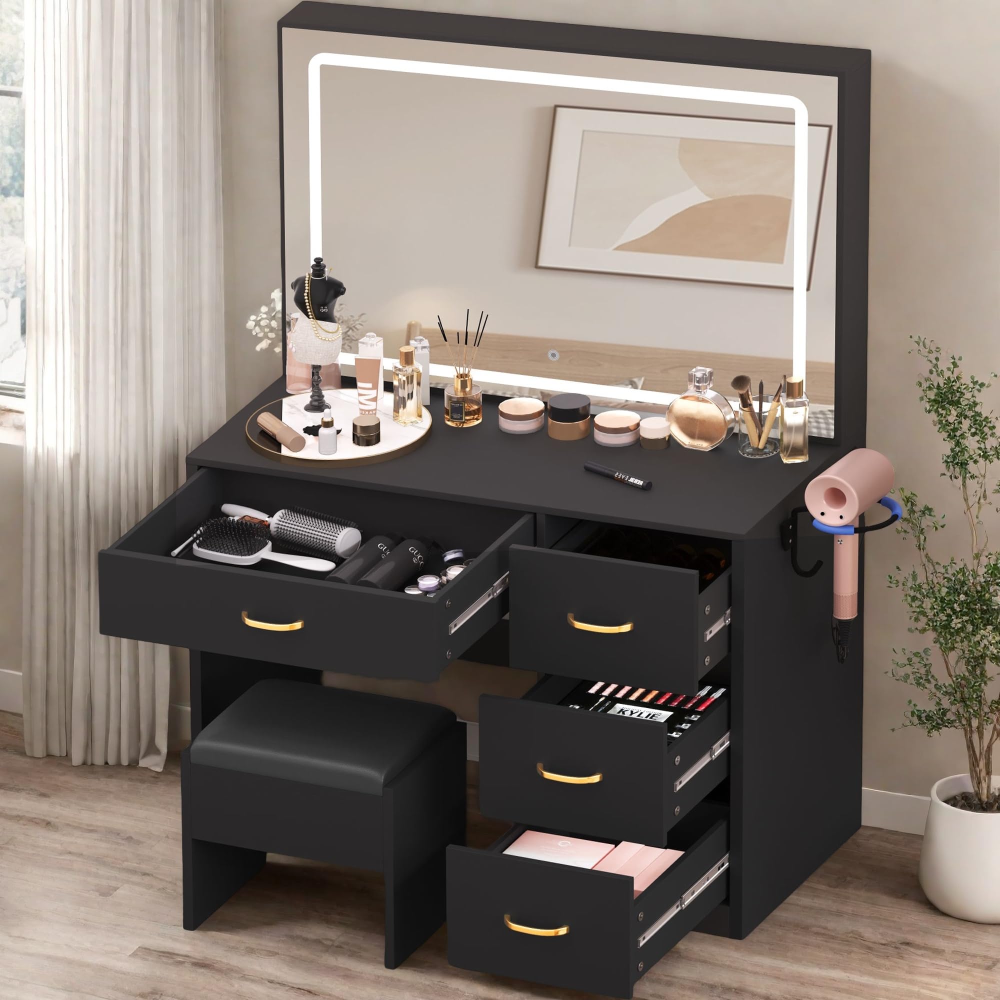 YITAHOME LED Vanity Desk with Adjustable Lighted Mirror, Makeup Dressing Table Set with Power Strip & 4 Storage Drawers - Includes Vanity Chair, Modern Bedroom Furniture for Women (Carbon Black) - Perfect for Makeup Application, Skincare Routine & Home Decor