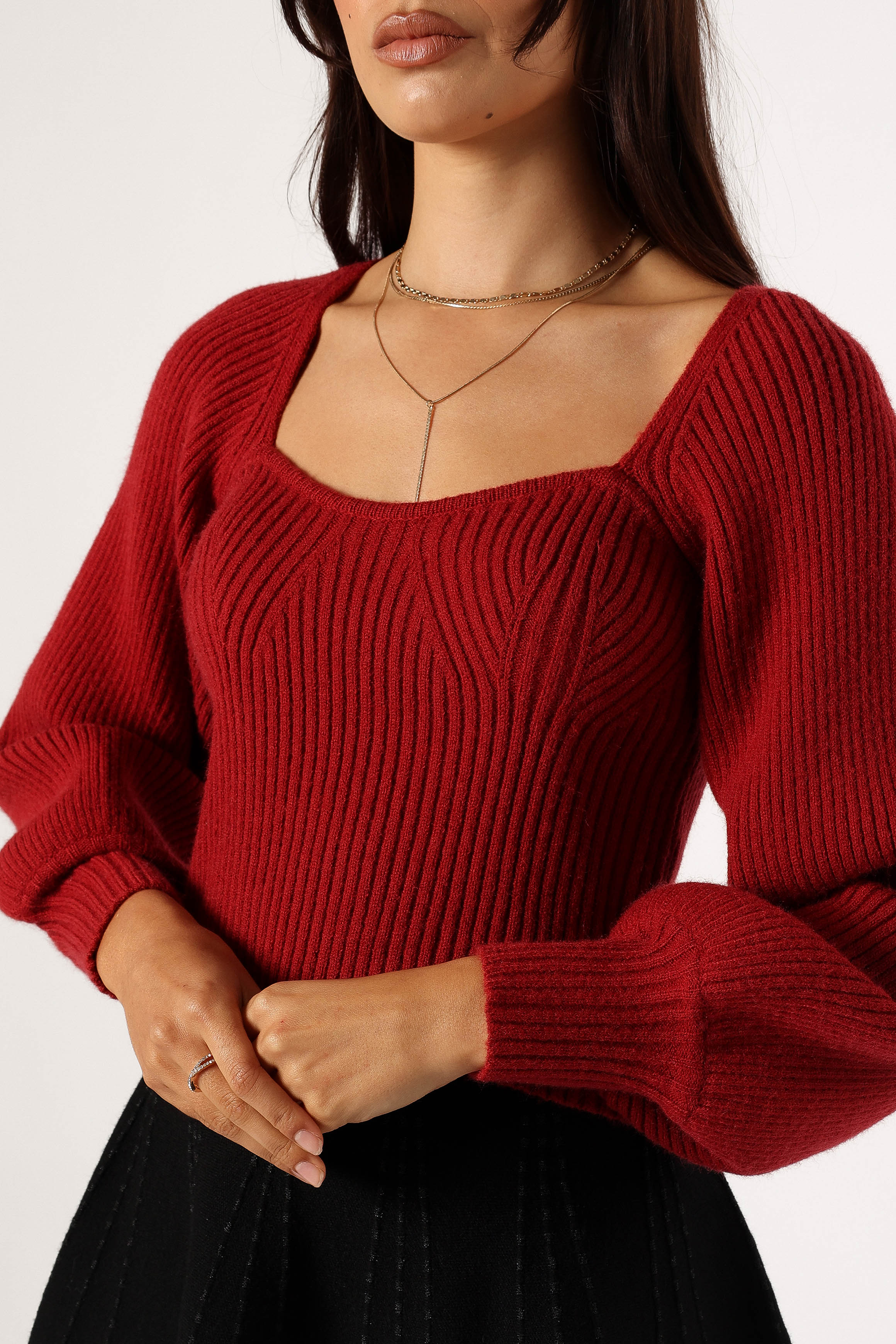 Gia Sweetheart Neck Bell Sleeve Knit Sweater in Wine Red | Women's Elegant Winter Pullover | Perfect for Date Nights & Holiday Parties