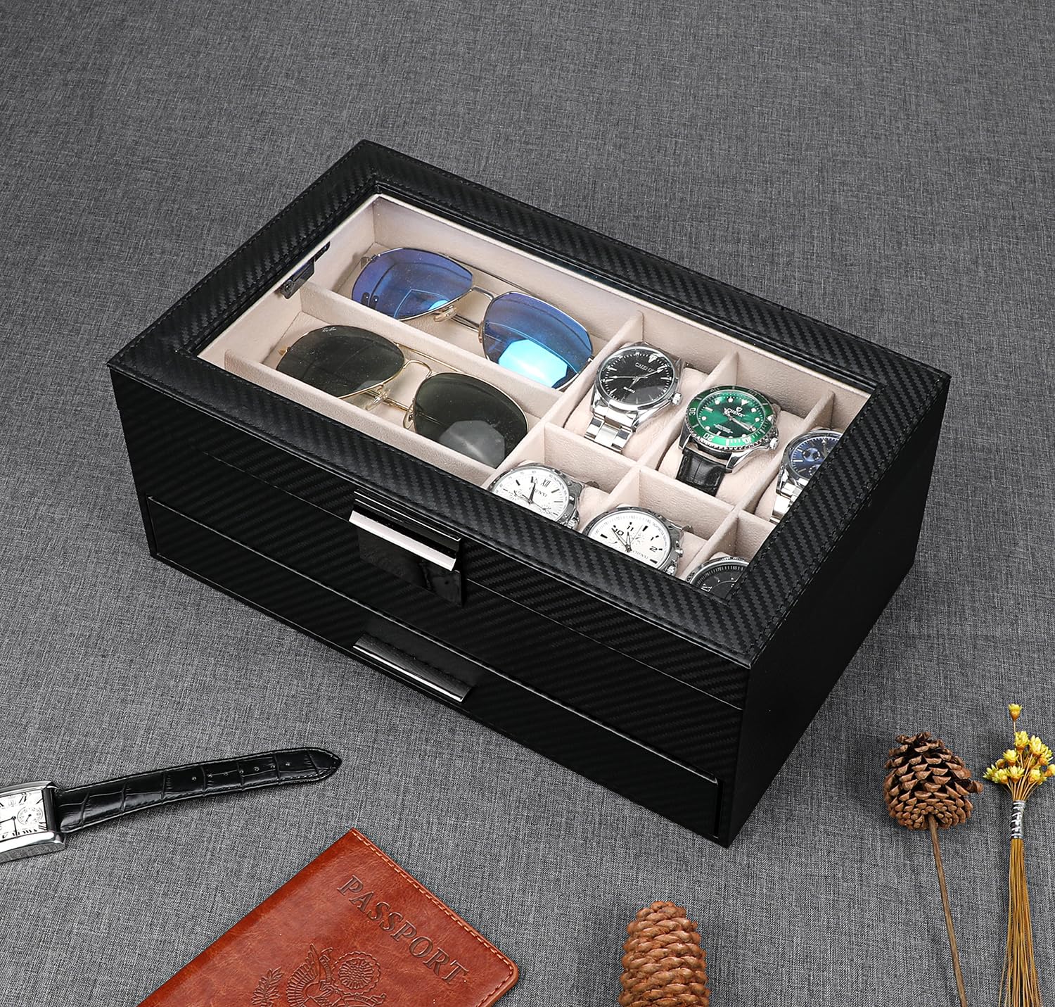 Premium PU Leather Watch Box for Men & Women - 2 Layer Jewelry Organizer with Storage Case for Watches, Sunglasses, Bracelets, Necklaces & Rings - Black & Apricot - Perfect for Travel, Home Display & Gift Giving