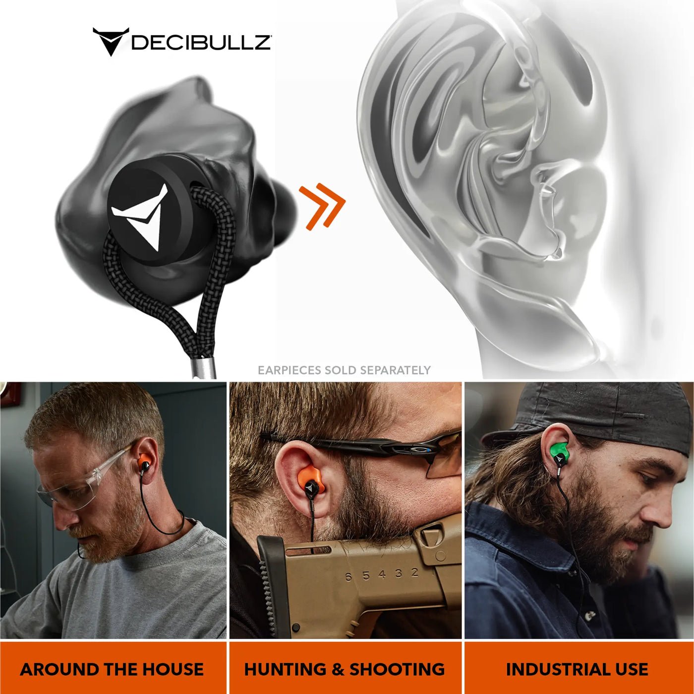 Decibullz Custom Molded Earplugs with Lanyard - Noise Reduction for Shooting, Concerts & Work Safety