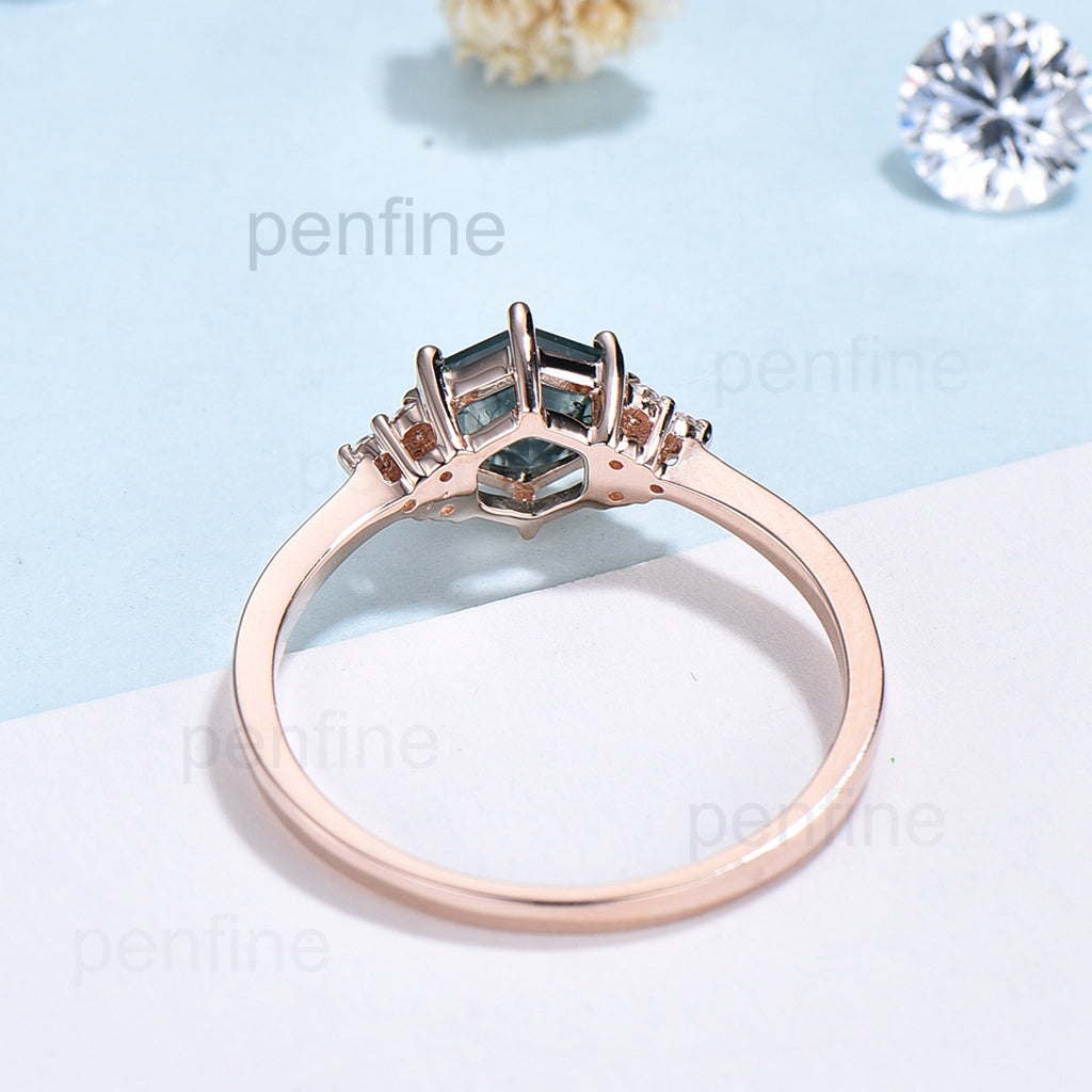 Hexagon Moss Agate Engagement Ring - 14K Gold Moissanite Cluster Wedding Band for Women - Unique Anniversary & Bridal Promise Ring - Perfect for Proposals, Weddings & Romantic Gifts