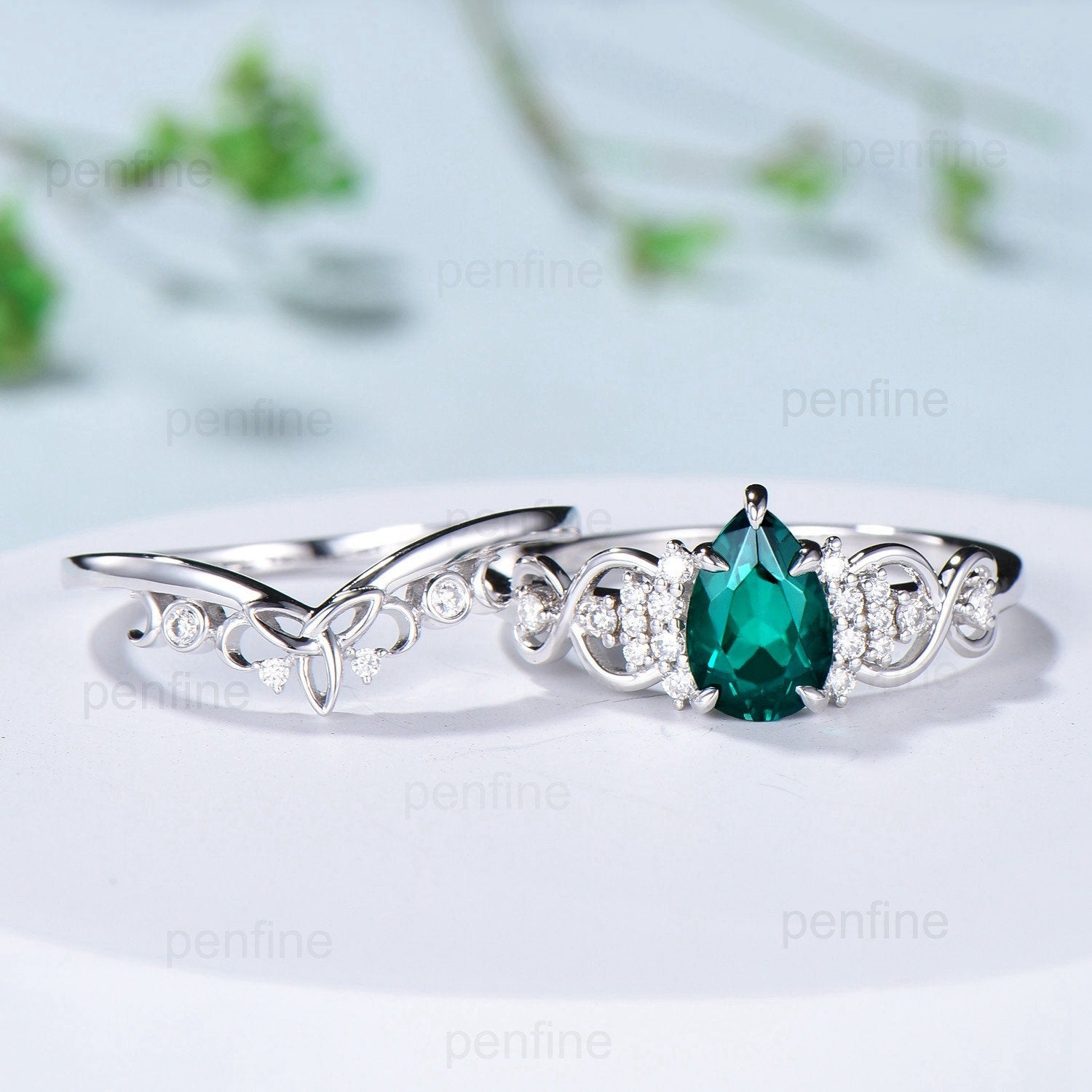 Vintage Celtic Love Emerald Wedding Ring Set - Pear Shaped Norse Viking Cluster Engagement Ring with Emerald & Diamonds - Knot Bridal Jewelry for Weddings, Anniversaries & Special Occasions
