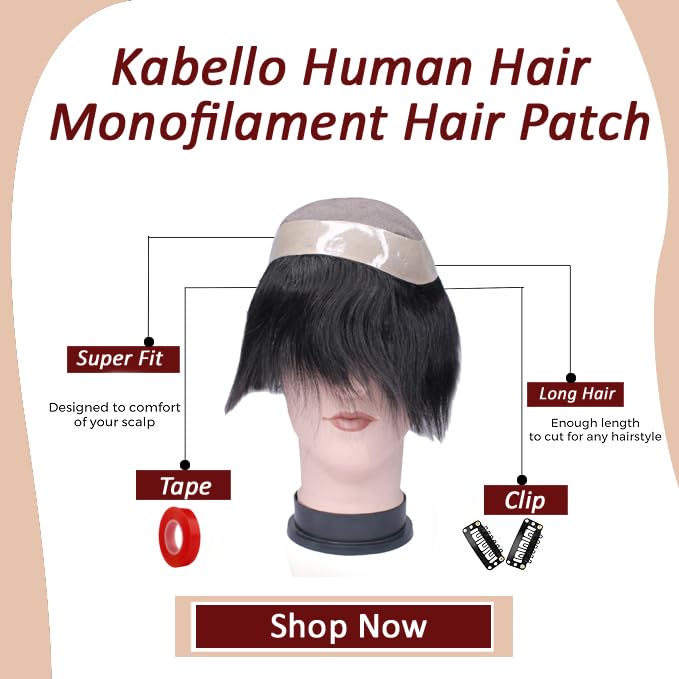 Kabello Hair Loss Solution - 6 Inch Human Hair Toupee with Mono Base (9x7, Dark Brown) | Hair Patch & Wigs for Men | Includes 4 Wig Clips & Free Small Red Tap | Perfect for Thinning Hair, Bald Spots & Daily Styling