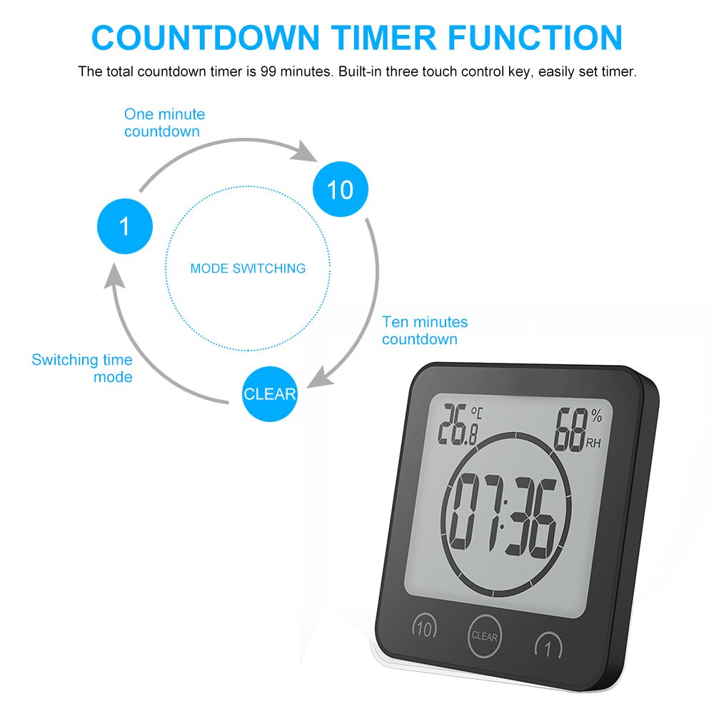 Waterproof Digital Shower Clock with Alarm - Touch Screen Kitchen Timer, Temperature & Humidity Display, Suction Cup & Hanging Hole (Black) - Perfect for Bathroom, Kitchen, Gym & Outdoor Use
