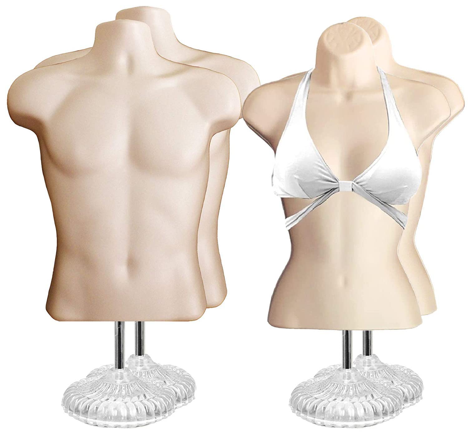 Flesh-Toned Male & Female Hollow Back Mannequin Torso Set with Acrylic Stand & Metal Pole - Small & Medium Sizes (2-Pack) for Clothing Display, Fashion Photography, and Retail Store Visual Merchandising