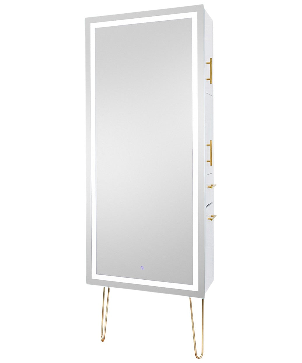 Premium LED Salon Mirror with Storage Station & Gold Legs - Perfect for Makeup Vanity, Dressing Room, and Beauty Salon Use