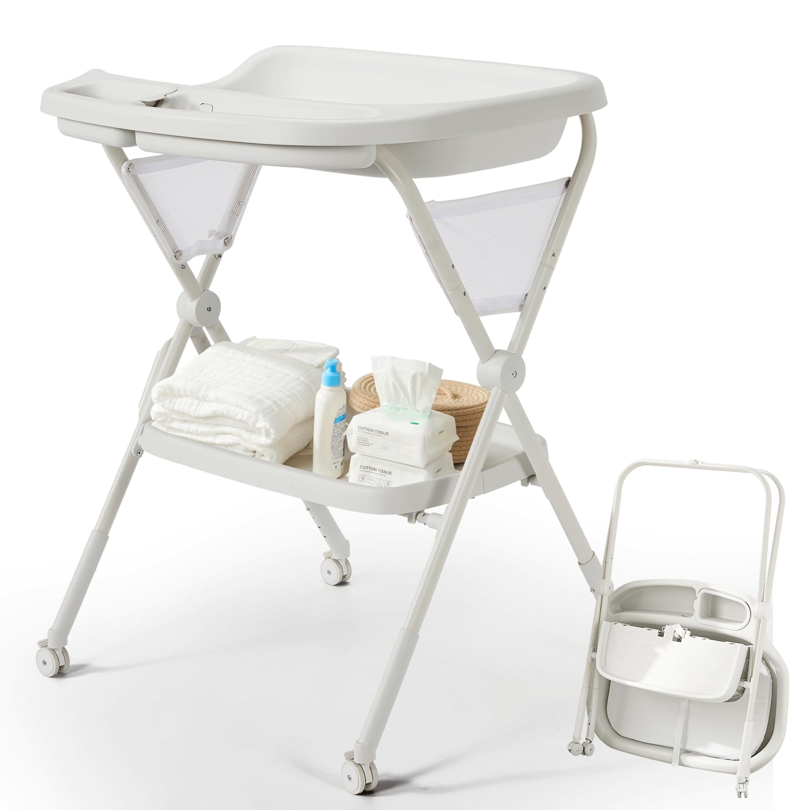 Foldable Adjustable Height Baby Changing Table with Wheels - Includes Changing Pad & Storage Rack - Perfect for Newborns & Infants (Light Grey) | Ideal for Nursery, Bedroom & Daycare Use