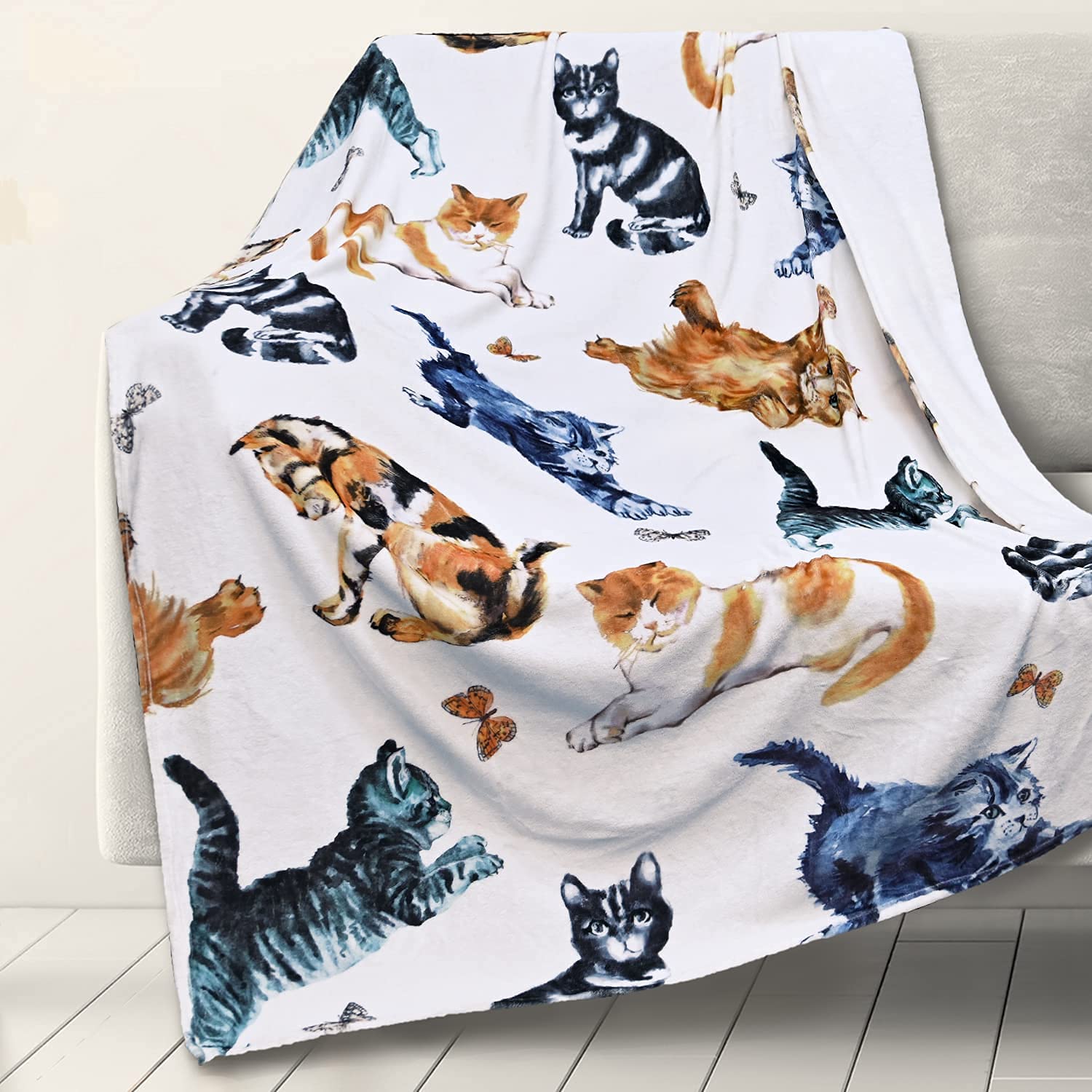 RosieLily Soft Fleece Cat Blanket for Women & Kids - Cozy White Plush Throw with Cute Cartoon Cat Design - Perfect for Sofa, Bed, Office & Gift Giving