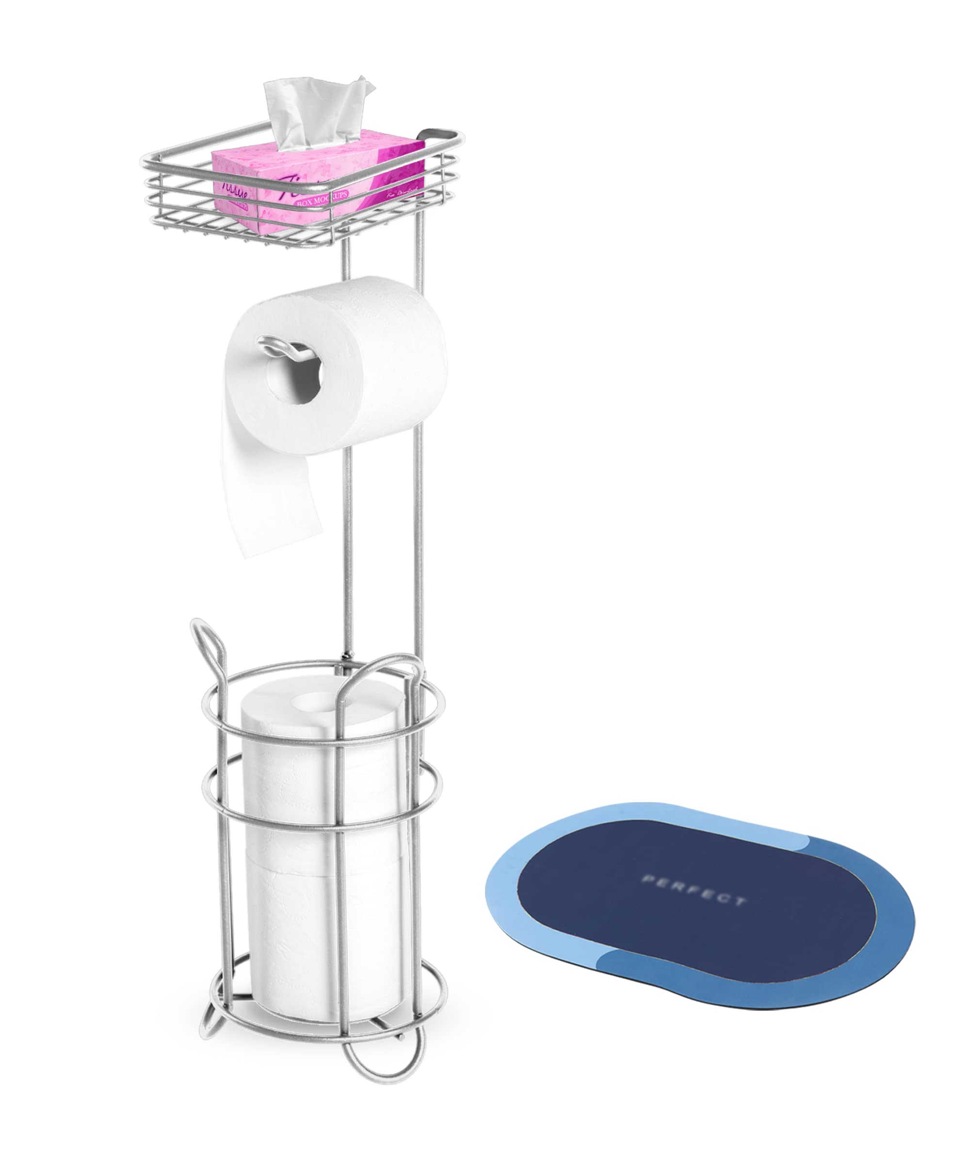 Stainless Steel Toilet Paper Holder Stand with Raised Base & Top Shelf - Bathroom Tissue Roll Dispenser Storage Organizer for Home, Office, RV & Camping Use
