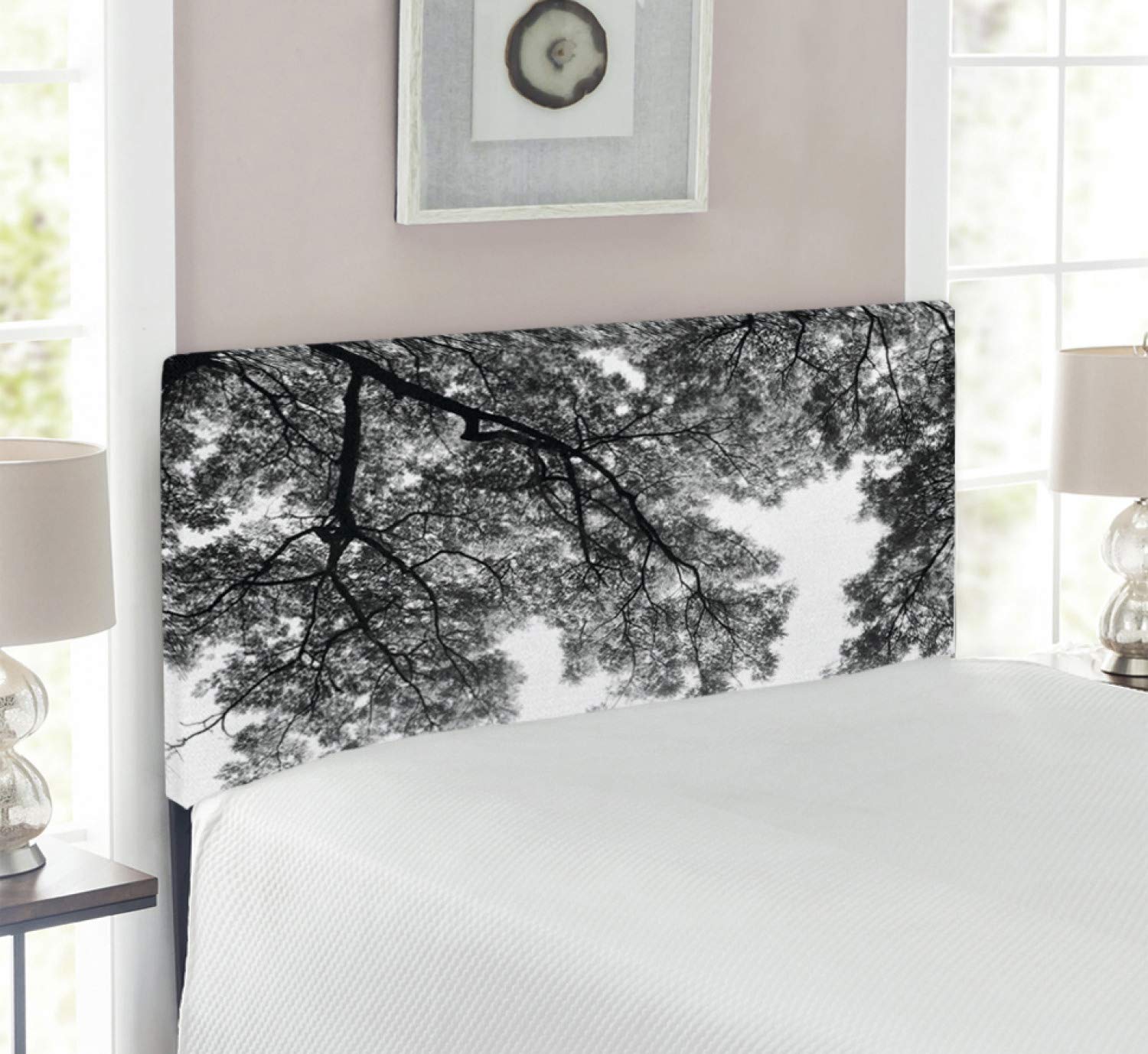 Ambesonne Nature Headboard - Black & White Tree Branches & Leaves Artwork, Upholstered Decorative Metal Bed Frame with Memory Foam, Twin Size - Perfect for Modern Bedroom & Guest Room Decor