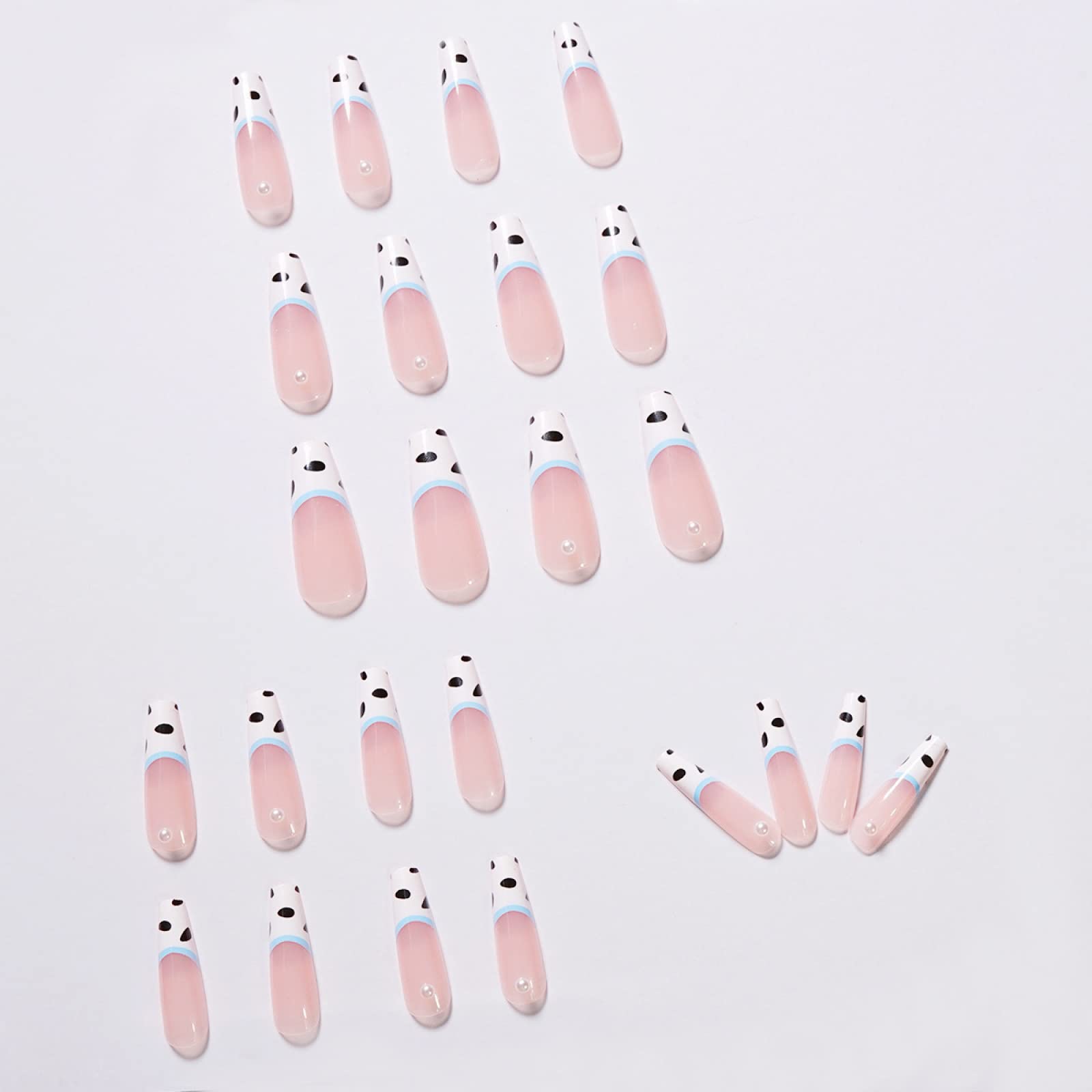 Press on False Nails - Milk White Pattern with Ballet Length & Pearl Accents | Easy to Apply & Removable Fake Nails for Manicure | Perfect for Weddings, Parties & Everyday Glam
