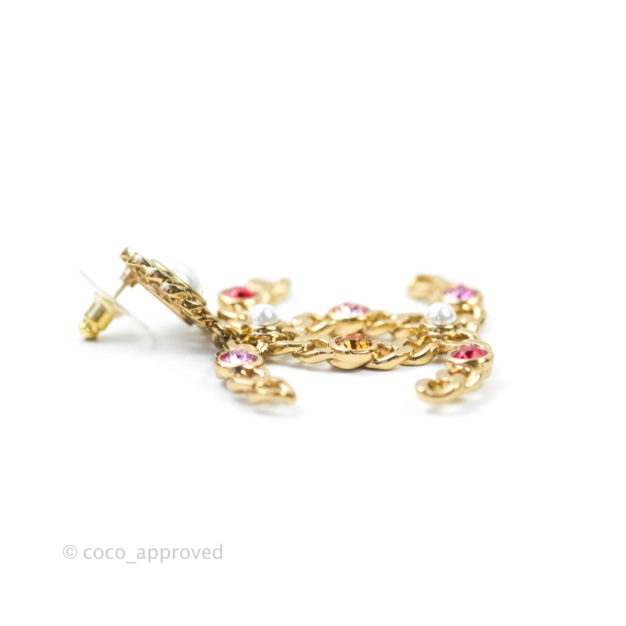 Chanel CC Drop Pearl Crystal Earrings in Gold Tone - Elegant Luxury Jewelry for Women | Perfect for Parties, Weddings & Special Occasions