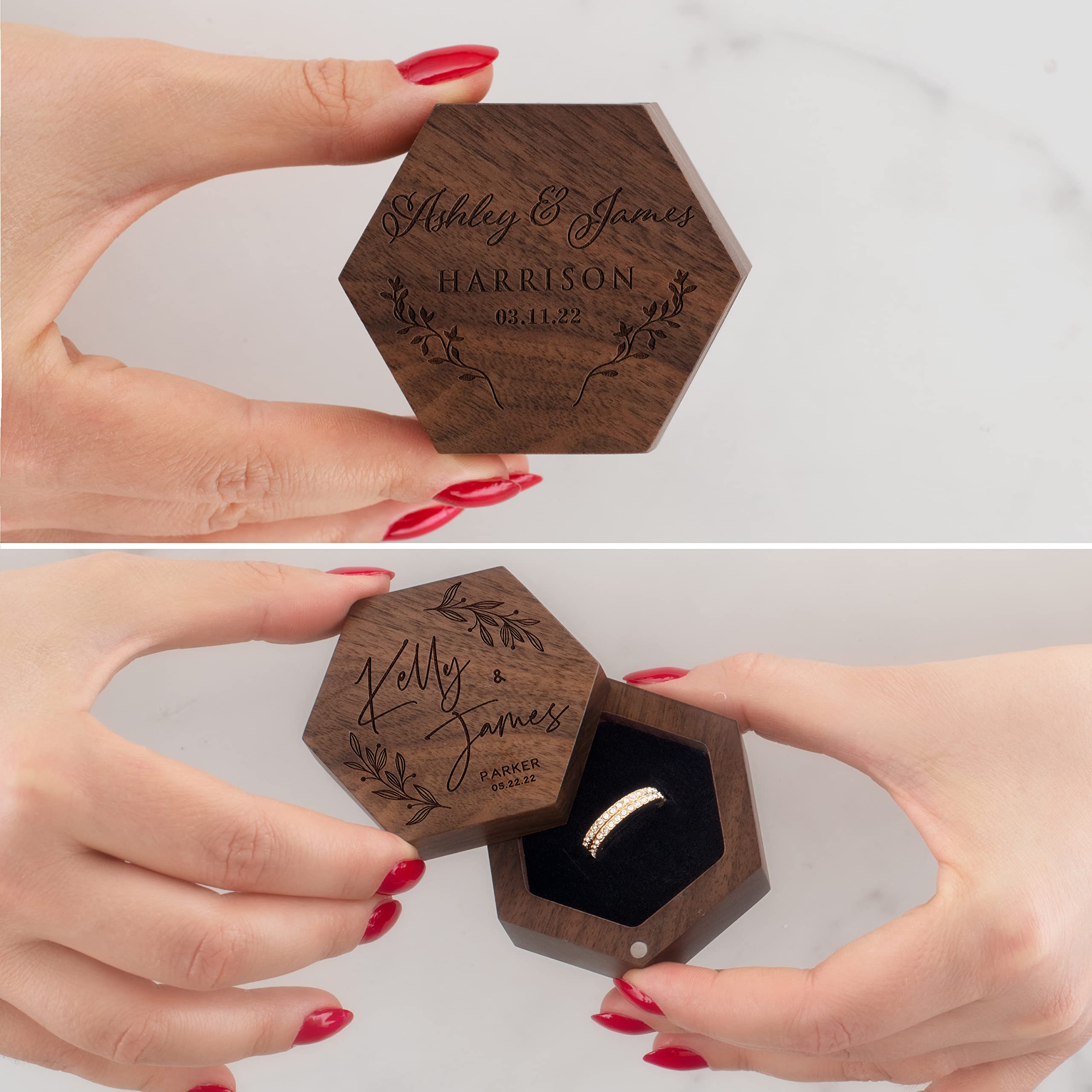 Personalized Wooden Ring Box - Custom Hexagon Ring Bearer Box for Wedding & Engagement - Engraved with Names & Family - 8 Unique Designs - Perfect for Proposals, Ceremonies & Keepsakes - Romantic Gift for Couples