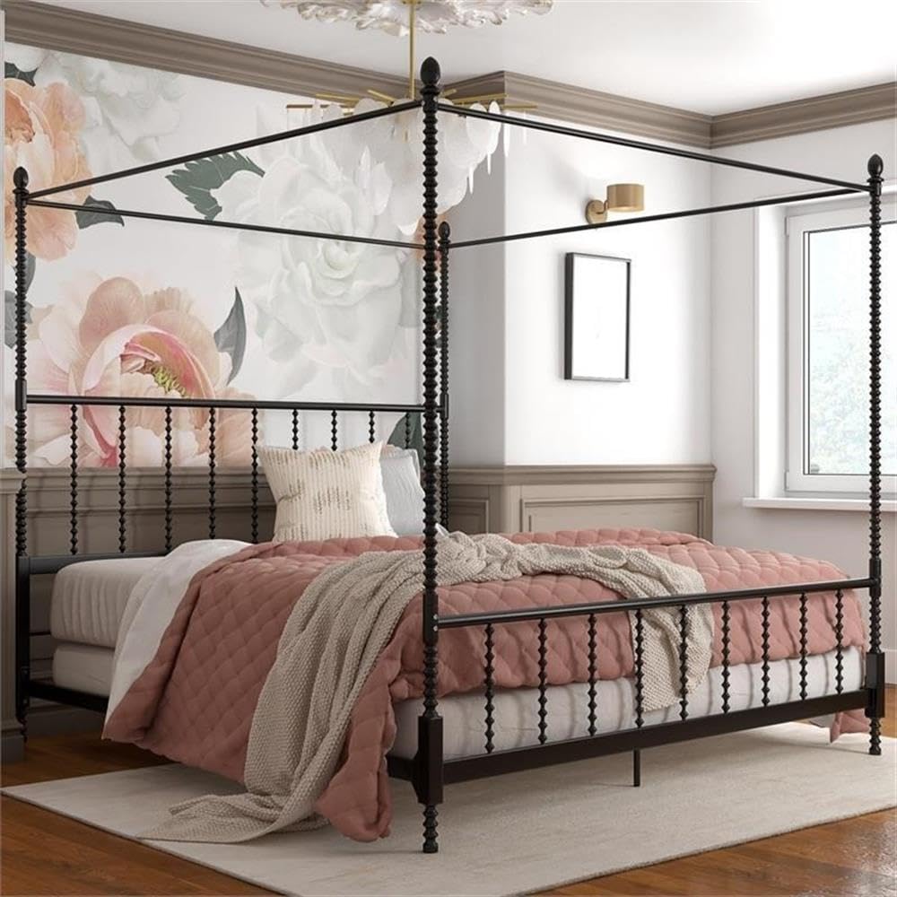 Pemberly Row King Size Canopy Bed Frame with Headboard & Footboard - Sturdy Metal Slats, No Box Spring Required, Easy Assembly - Perfect for Master Bedroom, Guest Room & Luxury Bedroom Decor