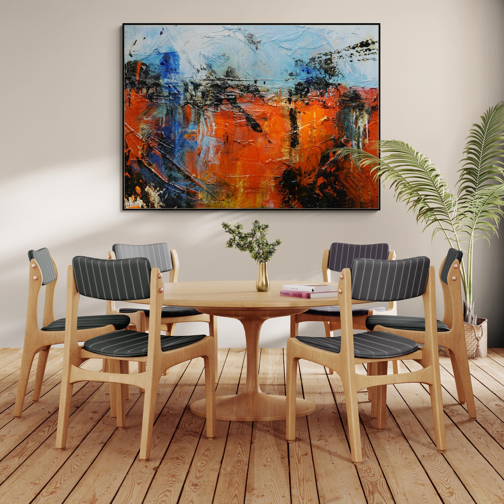 Orange Regatta 140cm x 100cm Textured Abstract Painting in Orange & Blue - Modern Wall Art for Living Room, Bedroom, or Office Decor