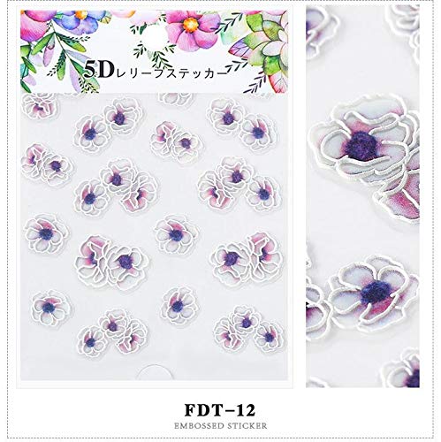 3D Flower Leaf Nail Stickers - Embossed Decals for Manicure & Acrylic Nails - 12 Pack for Nail Art Designs