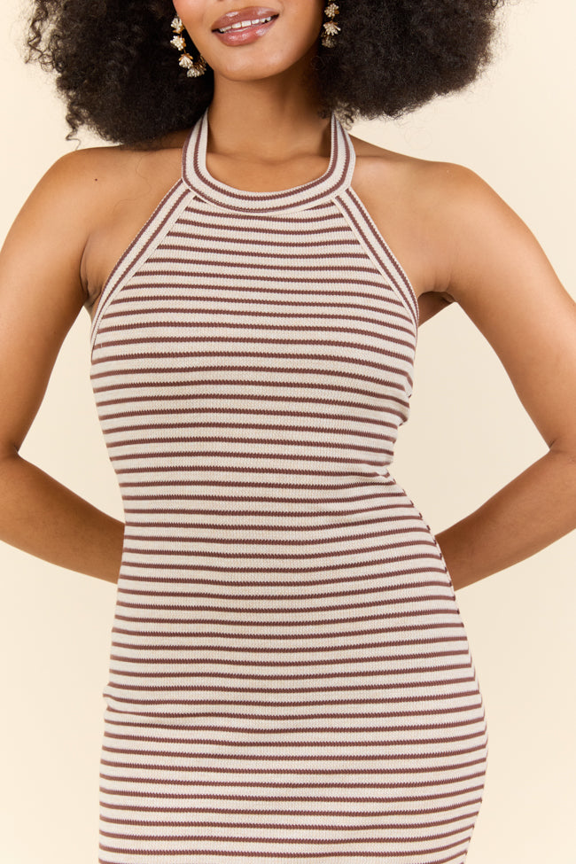 Brown Striped Knit Razor Back Dress for Women - Summer Beach Cover Up, Casual Sundress for Walking by the Water, Poolside or Vacation Outfit