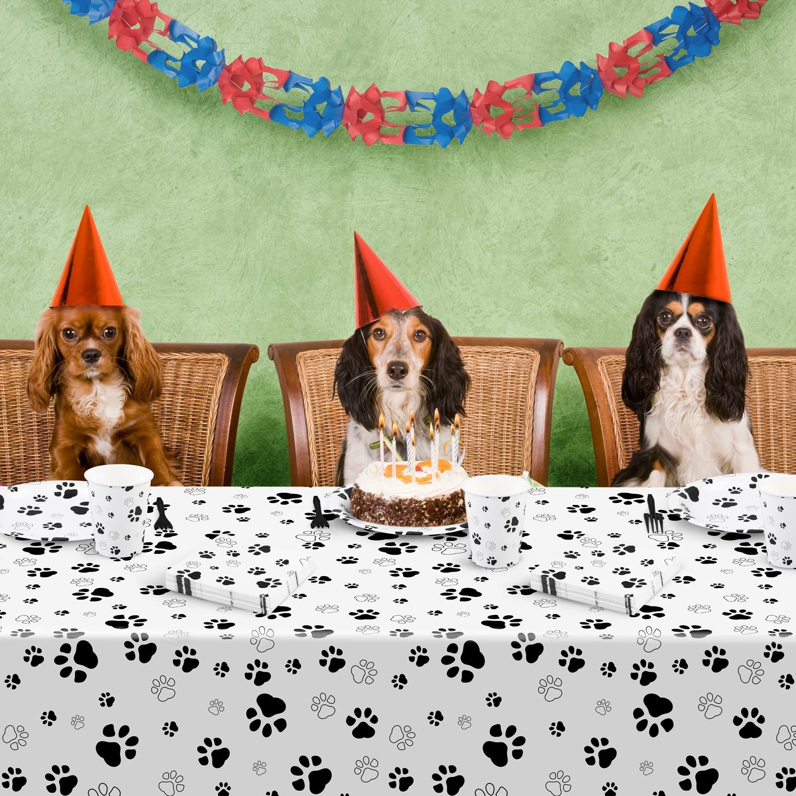 121-Piece Black Paw Print Dog Birthday Party Supplies Set - Tablecloth, Plates, Napkins, Forks & Paper Cups for Puppy Theme Decorations | Perfect for Dog Birthday Parties, Pet Adoption Events & Animal Shelter Fundraisers