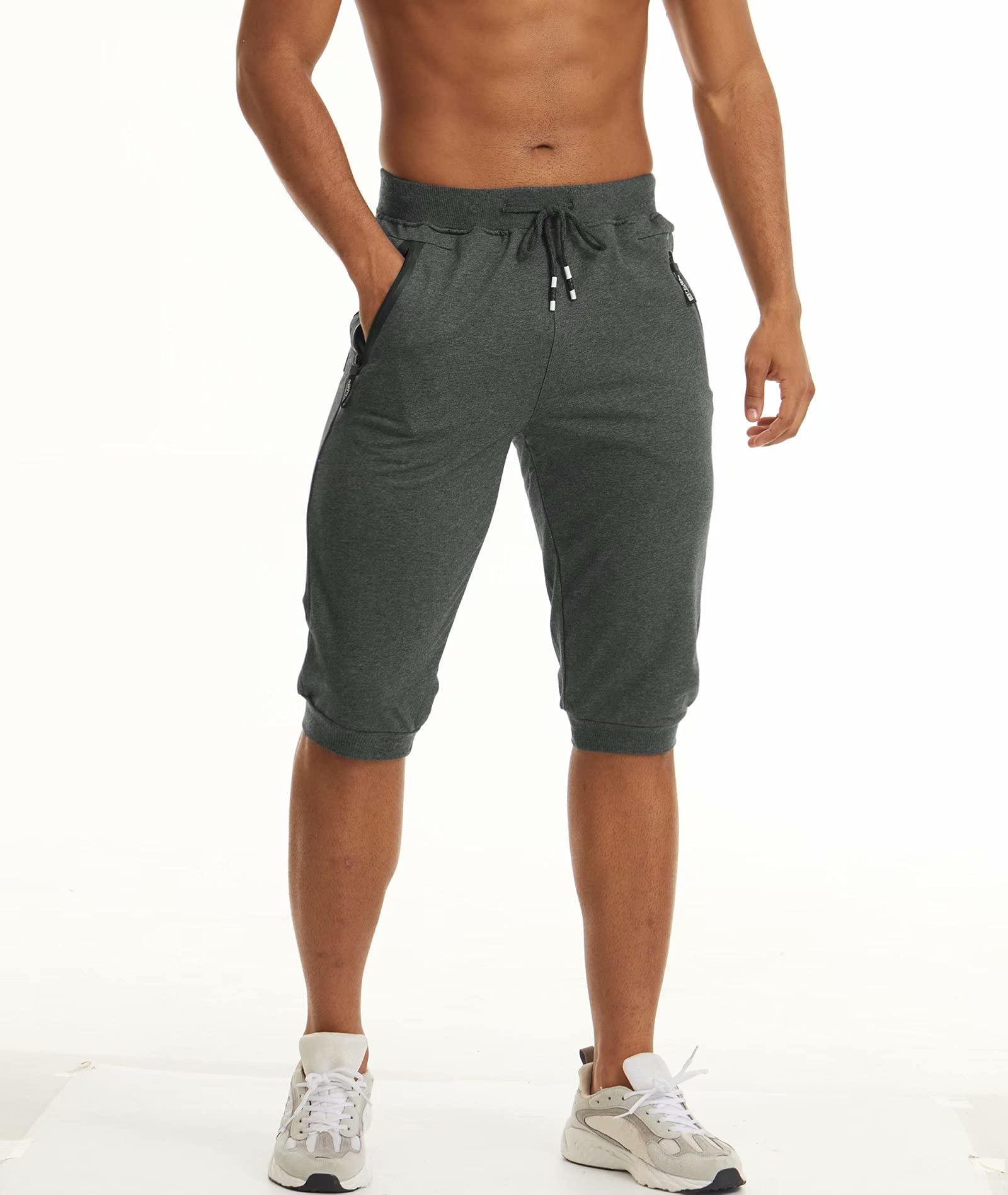 MAGCOMSEN Men's 3/4 Length Jogger Sweatpants with Zipper Pockets - Athletic Running Training Workout Capri Pants for Gym, Yoga & Casual Wear