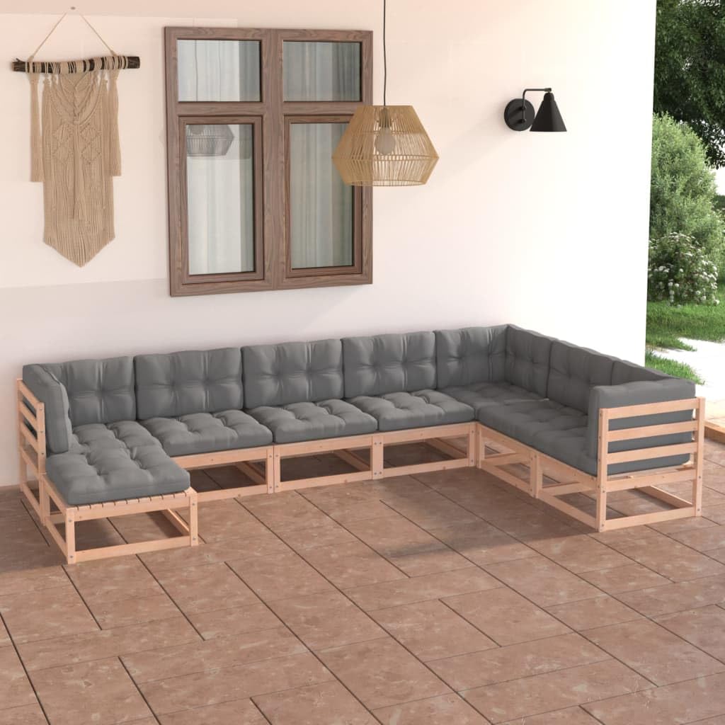 vidaXL 8-Piece Retro Wooden Patio Lounge Set with Cushions - Durable Pinewood Outdoor Furniture - Configurable Gray Brown Sectional Sofa Set for Garden, Poolside & Backyard Relaxation