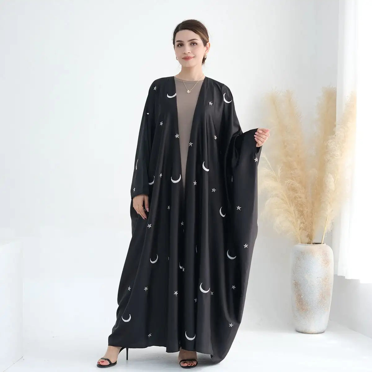 Elegant Muslim Women's Satin Moon Embroidery Cardigan Open Farasha Abaya Dress - Perfect for Eid, Wedding & Special Occasions
