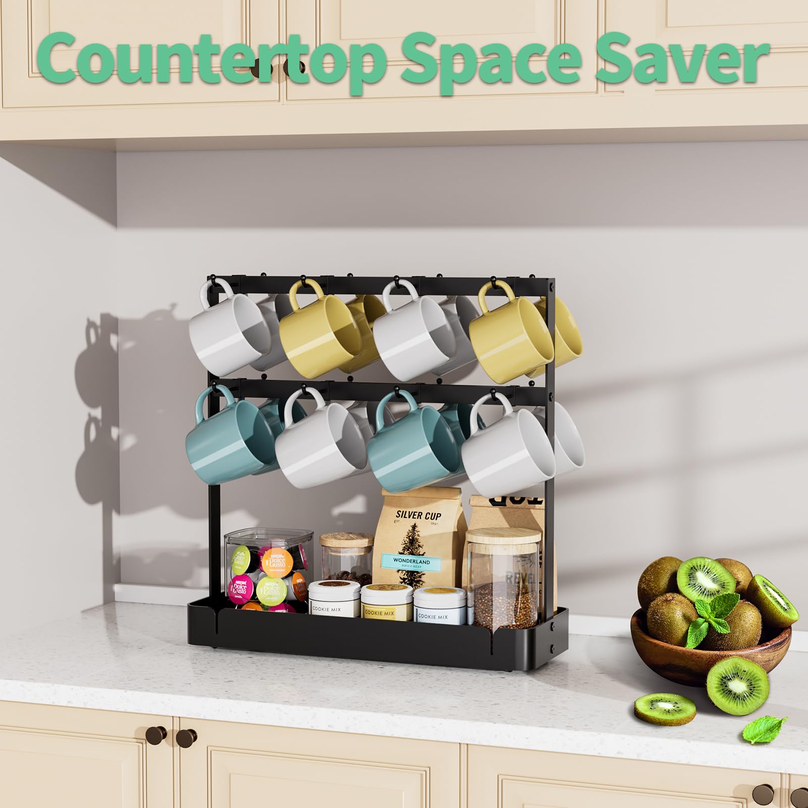 16-Hook Adjustable Metal Coffee Mug Holder - 2-Tier Countertop Cup Rack with Storage Shelf for Kitchen & Office - Perfect for Organizing Mugs, Cups, and Small Kitchen Accessories