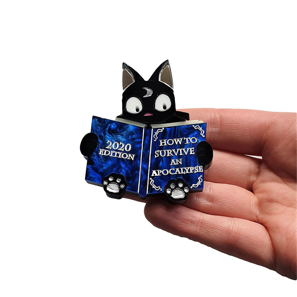 Apocalypse Book Cat Brooch - Unique Gothic Cat Pin for Book Lovers - Perfect for Jackets, Bags & Bookish Fashion Accessories